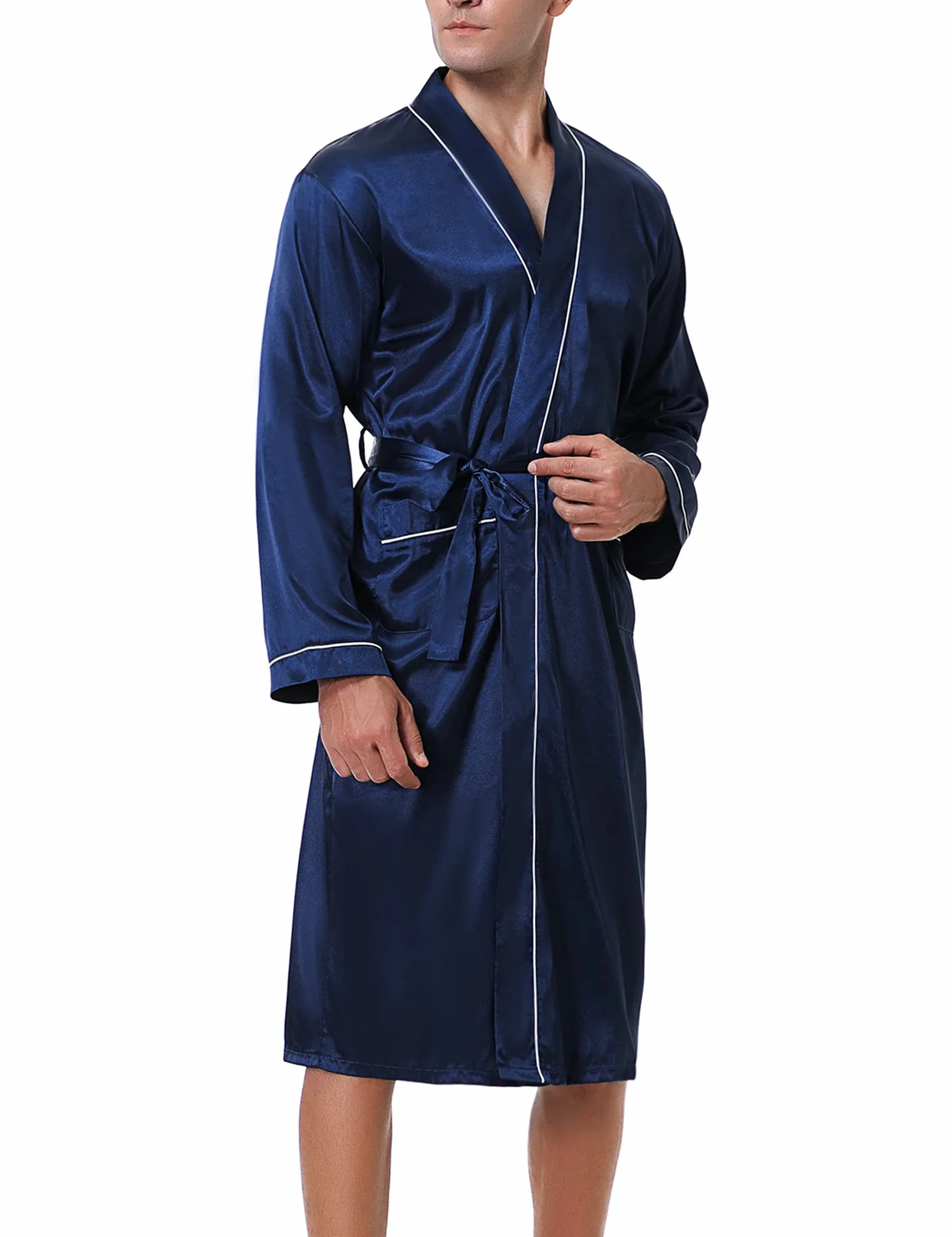 Bresdk Bata Hombre Seda kimono Batas de Casa Manga Larga Ligero Albornoz de Seda Súper Suave Clásica Camisón Pijama para Hombre
