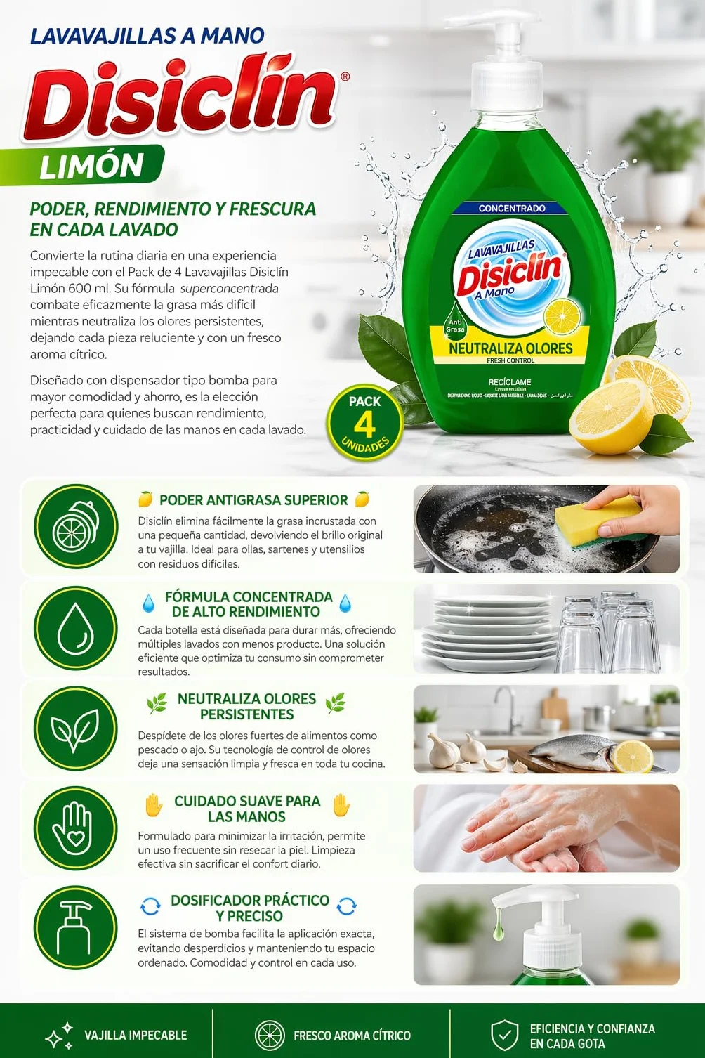 Pack 4 Lavavajillas Disiclín Limón 600 ml con Dosificador Detergente Concentrado Antigrasa