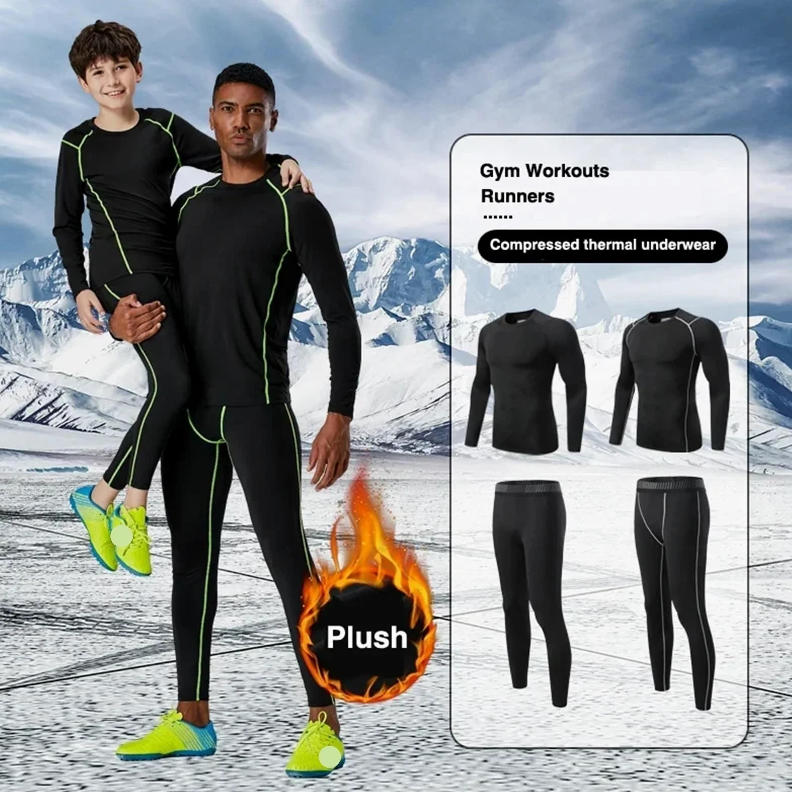 Conjuntos Térmicos Para Hombre Traje deportivo de invierno for hombre, ropa interior térmica de esquí de secado rápido, conjunto de compresión, mallas térmicas de felpa cálidas, color negro Para El Ru