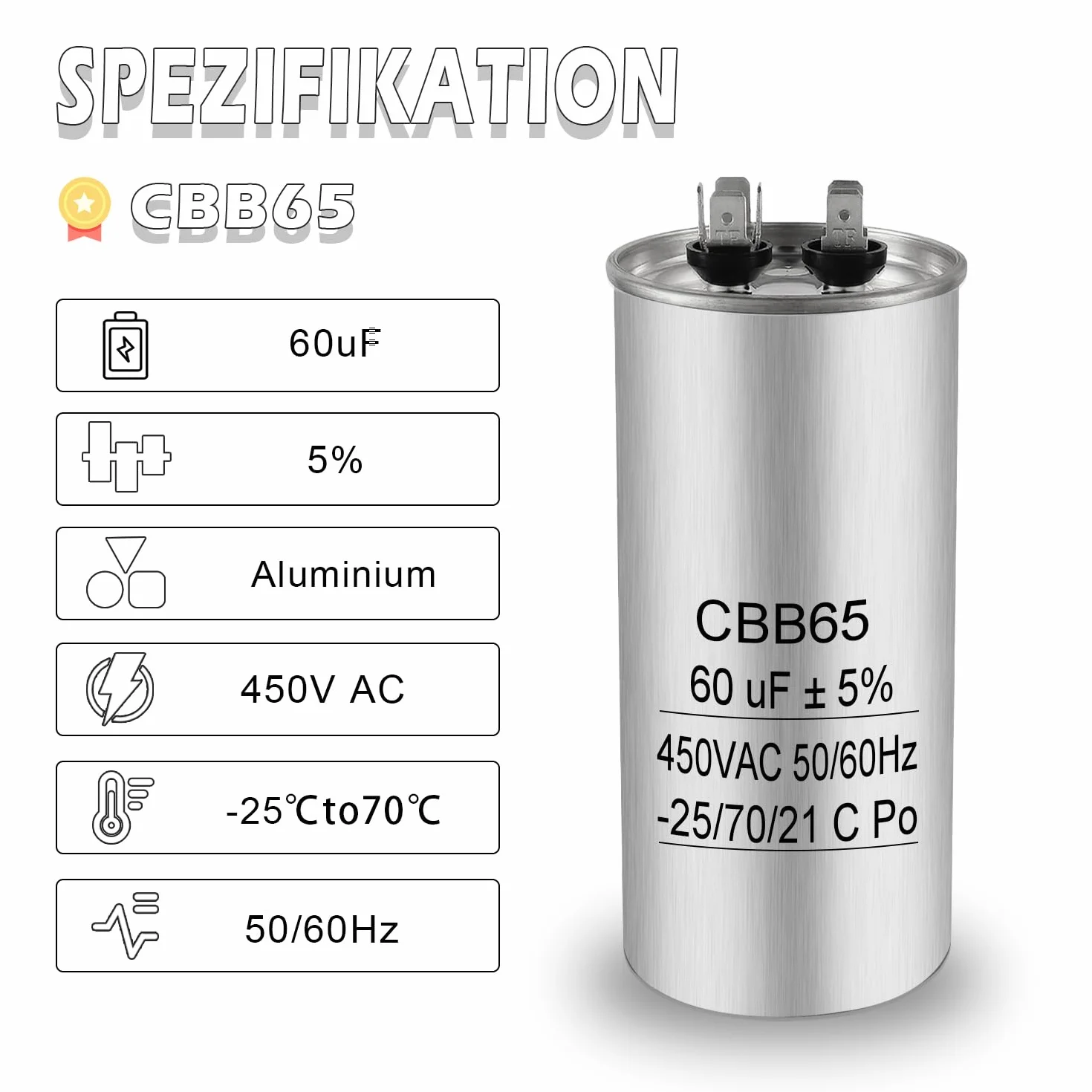 Iruihoo 60uF CBB65 Condensador de motor 450V CA 50/60Hz, 60µF arranque funcionamiento carcasa metálica