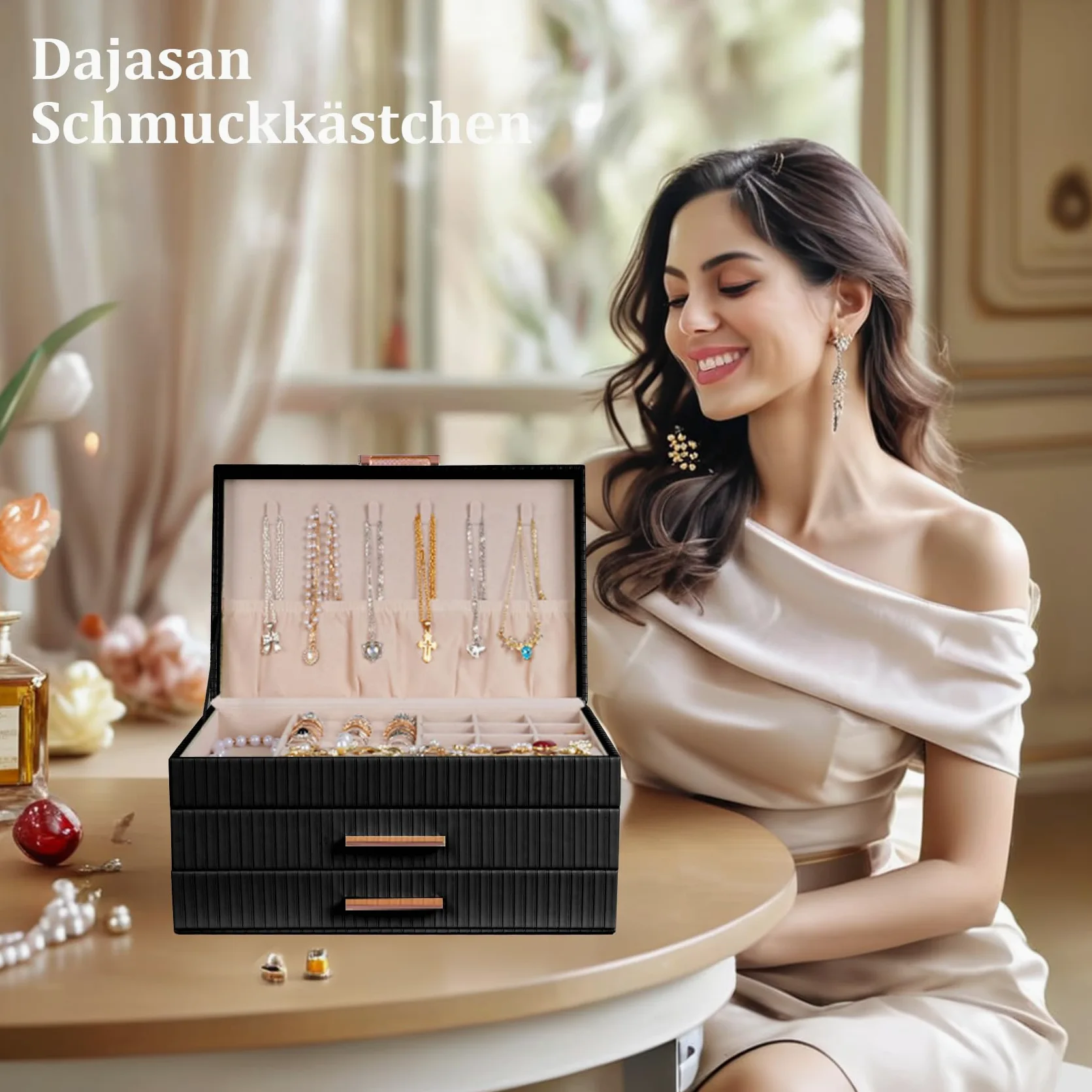 Dajasan Joyero Mujer, Joyero Grande, Organizador Joyas 2 Cajones, Joyeros para Collares, Anillos, Pendientes, Pulseras, Idea Regalo (Negro)