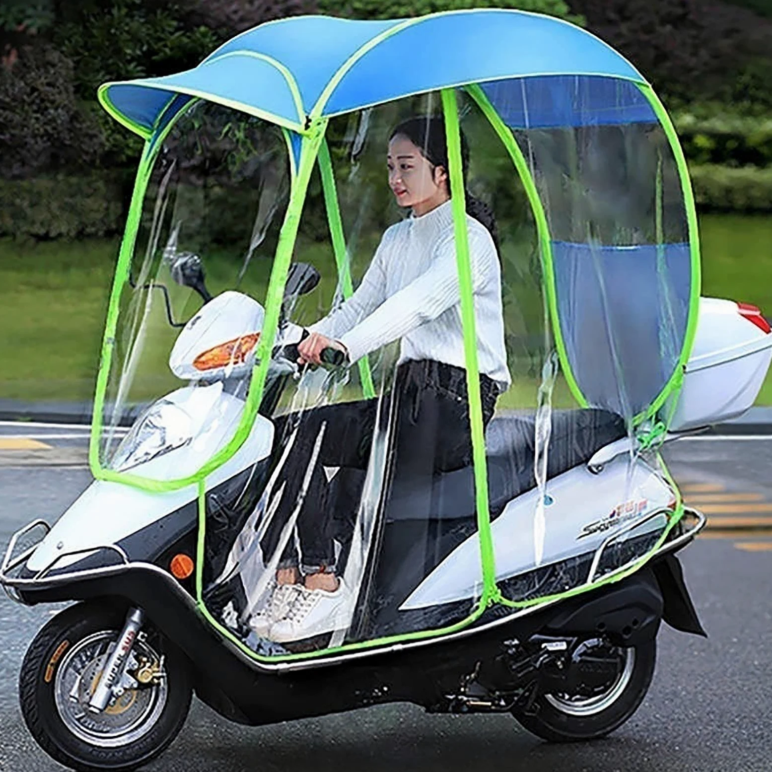 Cubierta Universal para Parasol de Motocicleta eléctrica, Paraguas para Scooter de Motor Completamente Cerrado, Parasol de Movilidad y Cubierta para Lluvia Impermeable (Azul)