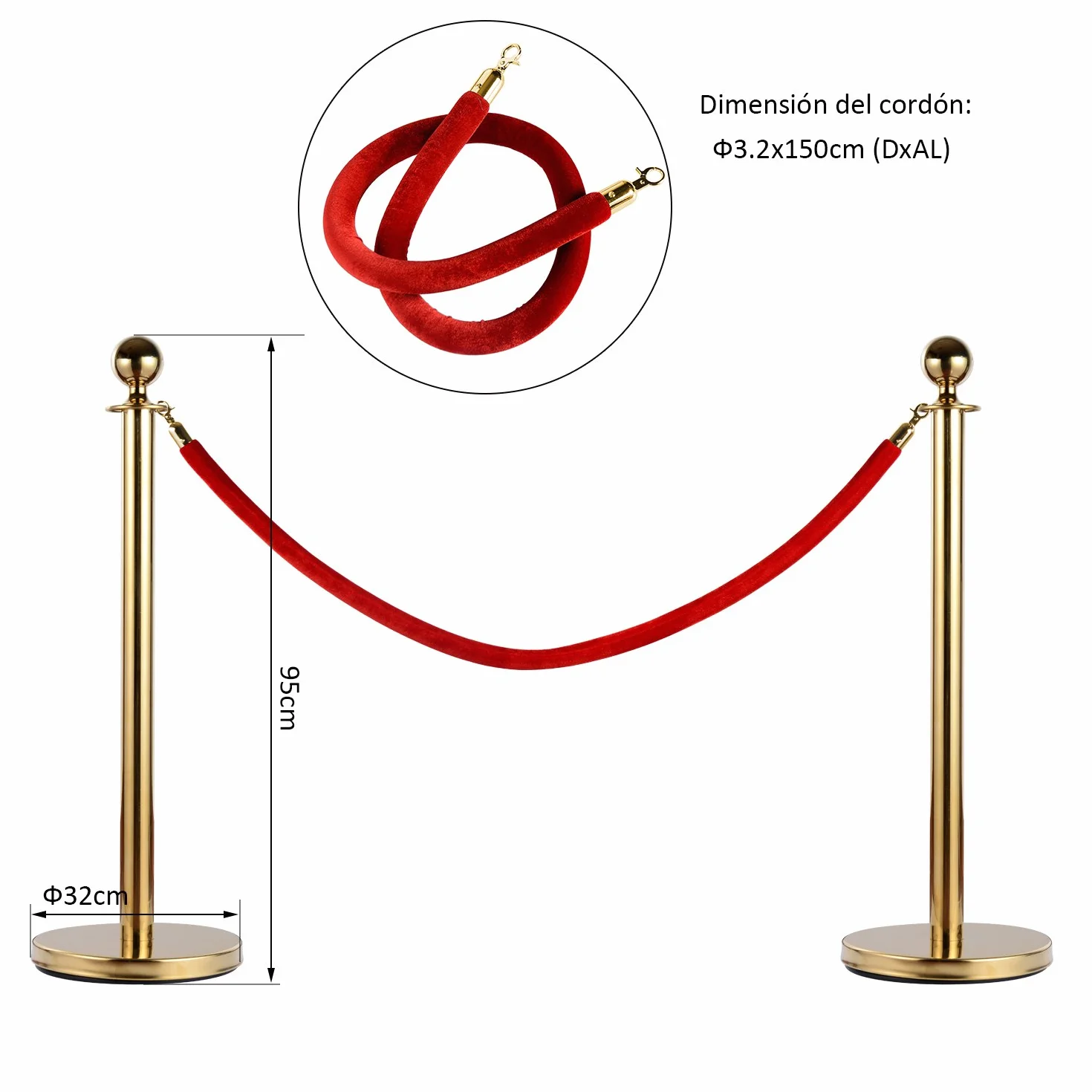 HOMCOM Catenaria Acero Inoxidable Cordón Rojo 2 Piezas Ф32xH95CM Dorado