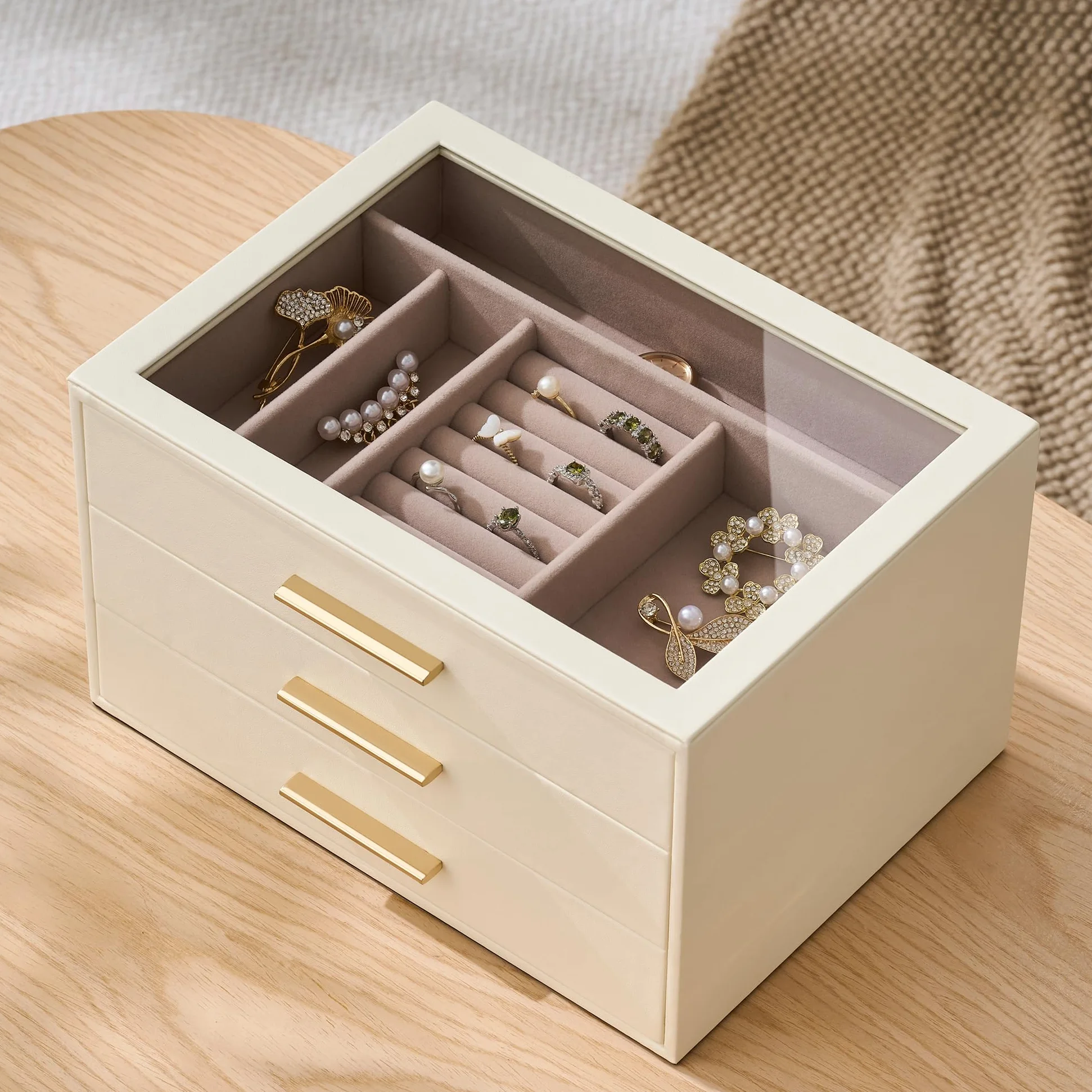Joyero Organizador para con Ventana de Cristal, Caja Guardajoyas de 3 Capas | Cuero Blanco Marfil y Terciopelo Rosa - Estuche Organizador de Joyas para Anillos, Pendientes, Collares, Pulseras y Relojes,