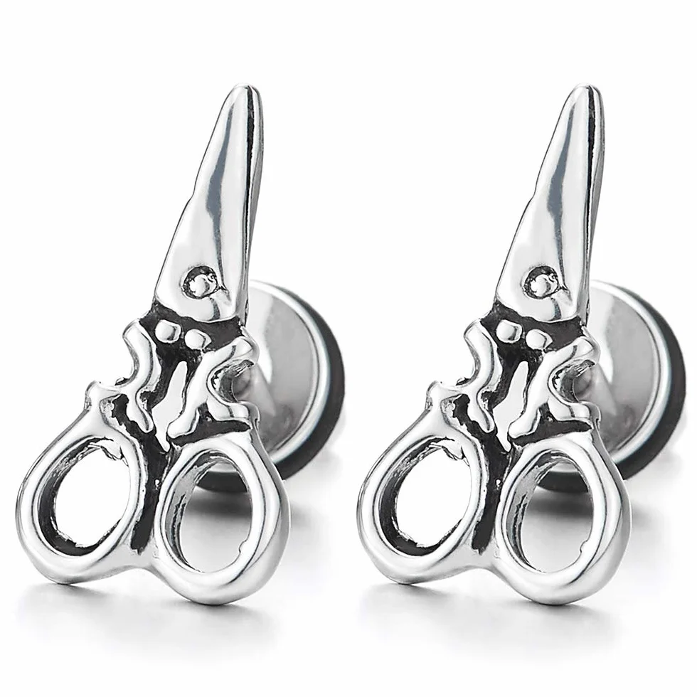 Vintage Tijeras Pendientes de Hombres Mujer, Acero Inoxidable, Estilo Retro, Cierre Tornillo, 2 Piezas