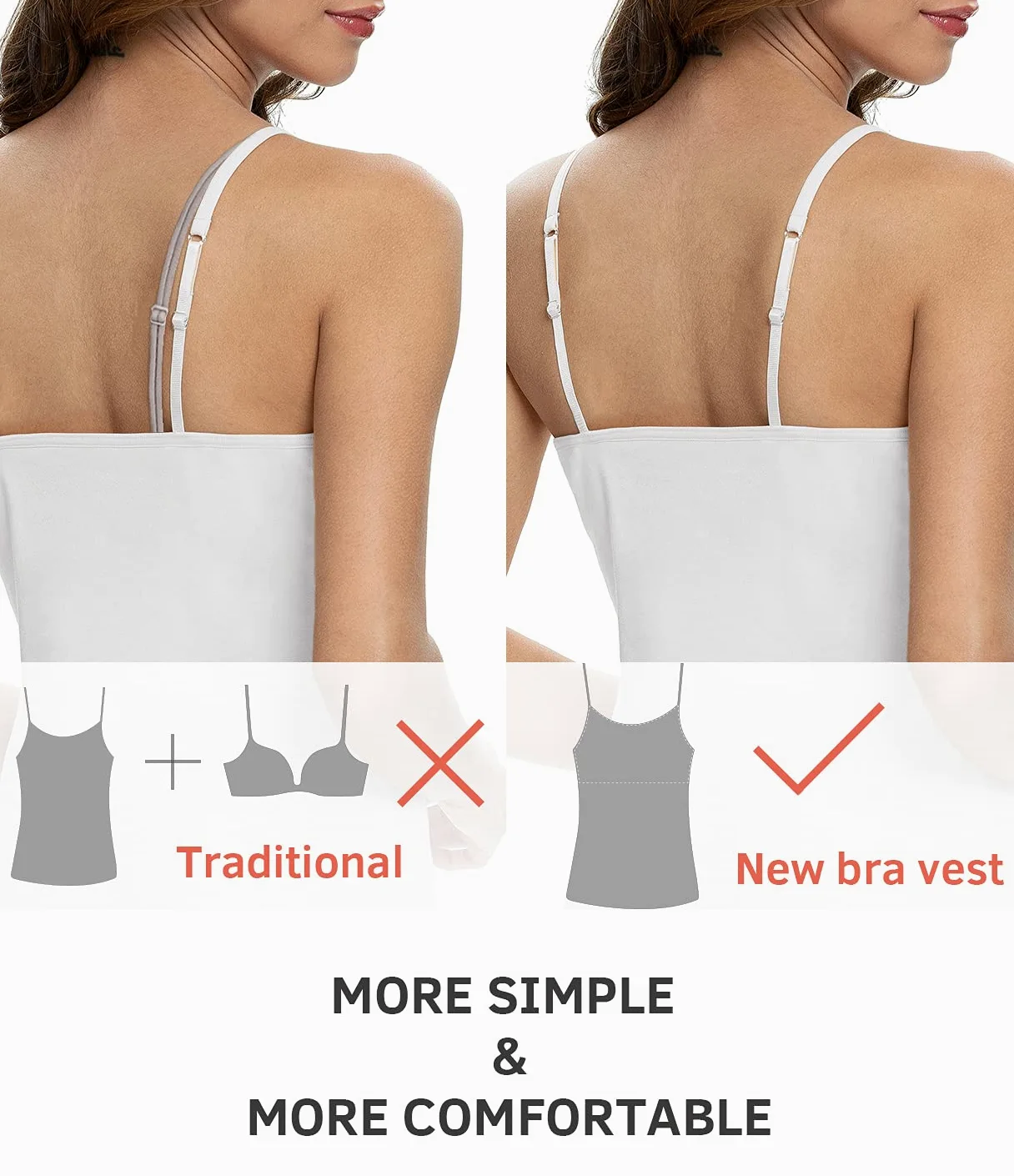 Air Curvey Paquete de 3 camisolas para mujer, brasier integrado, correa ajustable, camiseta interior de algodón suave, camisetas sin costuras