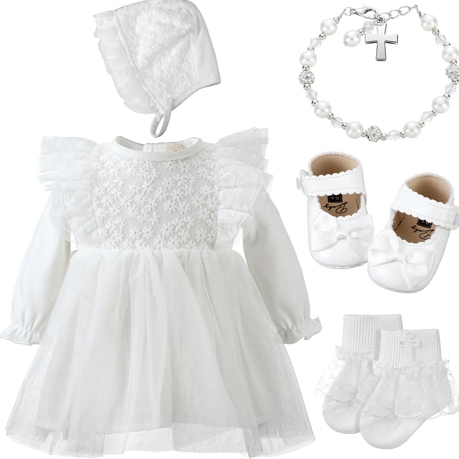 Juego de 5 piezas de vestido de bautizo para niña, incluye vestidos de bautizo, sombrero, cruz, pulsera, calcetines, zapatos