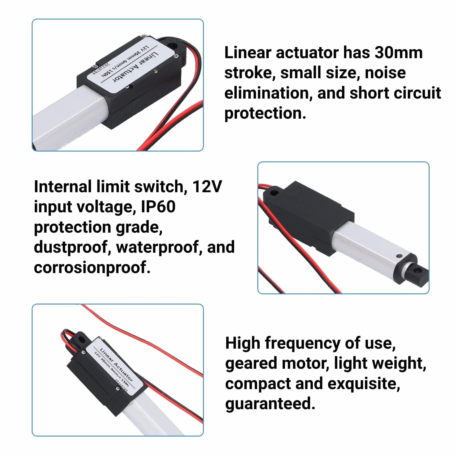 Actuador Lineal Eléctrico DC 12V 30mm 150N 4mm/s Impermeable
