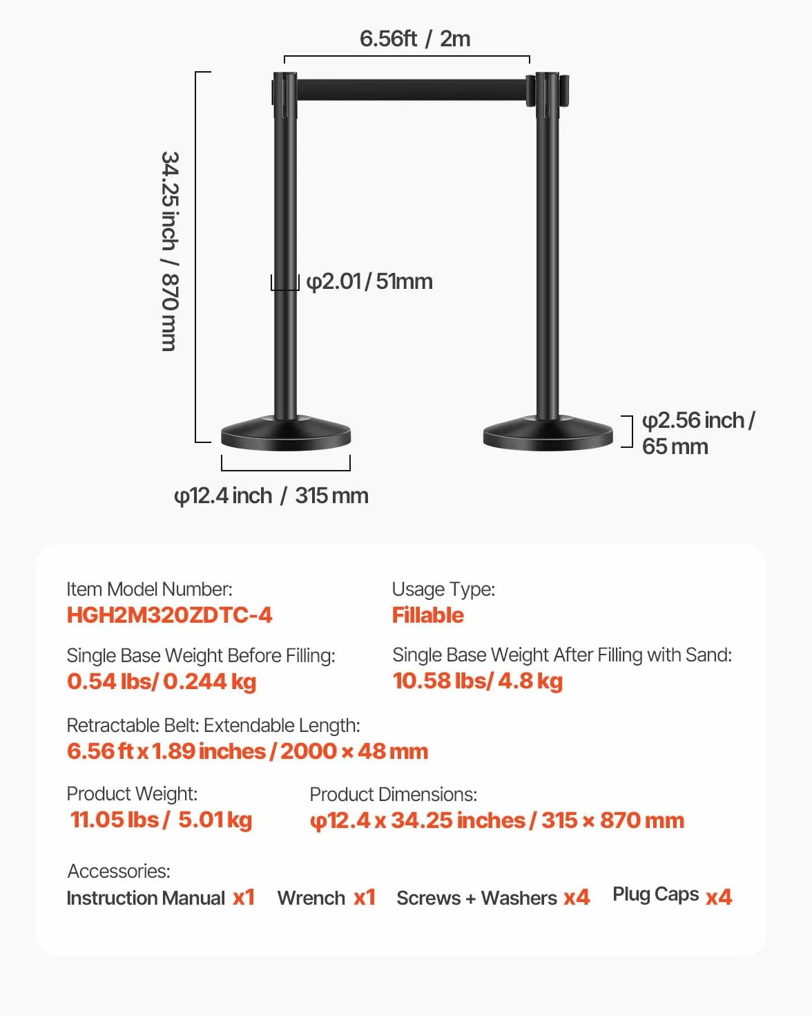 VEVOR 4 PCS Poste de Estaca de Acero al Carbono de 2 m con Base Hueca de Inyección de Arena, Barreras de Control de Multitudes Negro