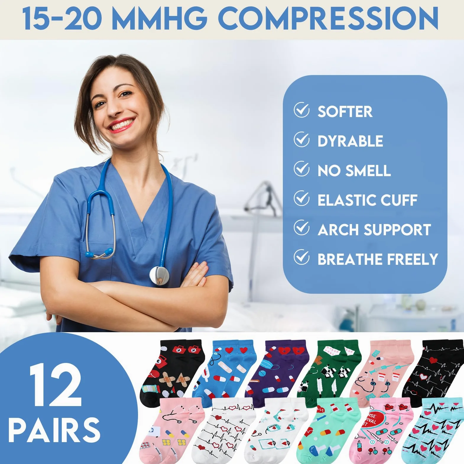 12 pares de calcetines de compresión para enfermeras para mujeres y hombres, circulación de 15-20 mmhg, calcetines de compresión de tobillo divertidos para asistentes médicos, enfermeras