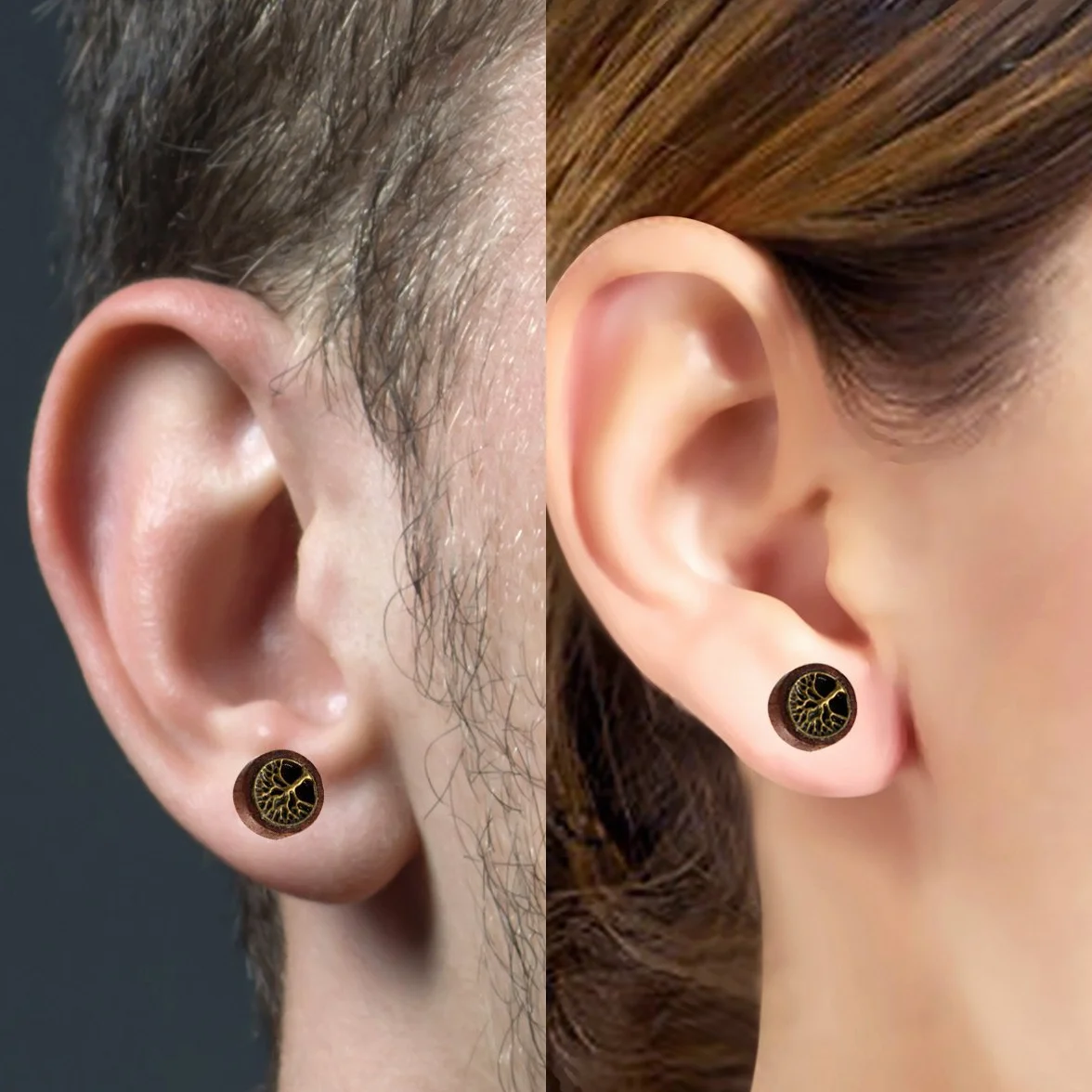 Flongo - Pendientes de acero inoxidable, madera, retro, árbol de la vida, león, cabeza de fantasía, pendientes de color marrón para hombre y mujer