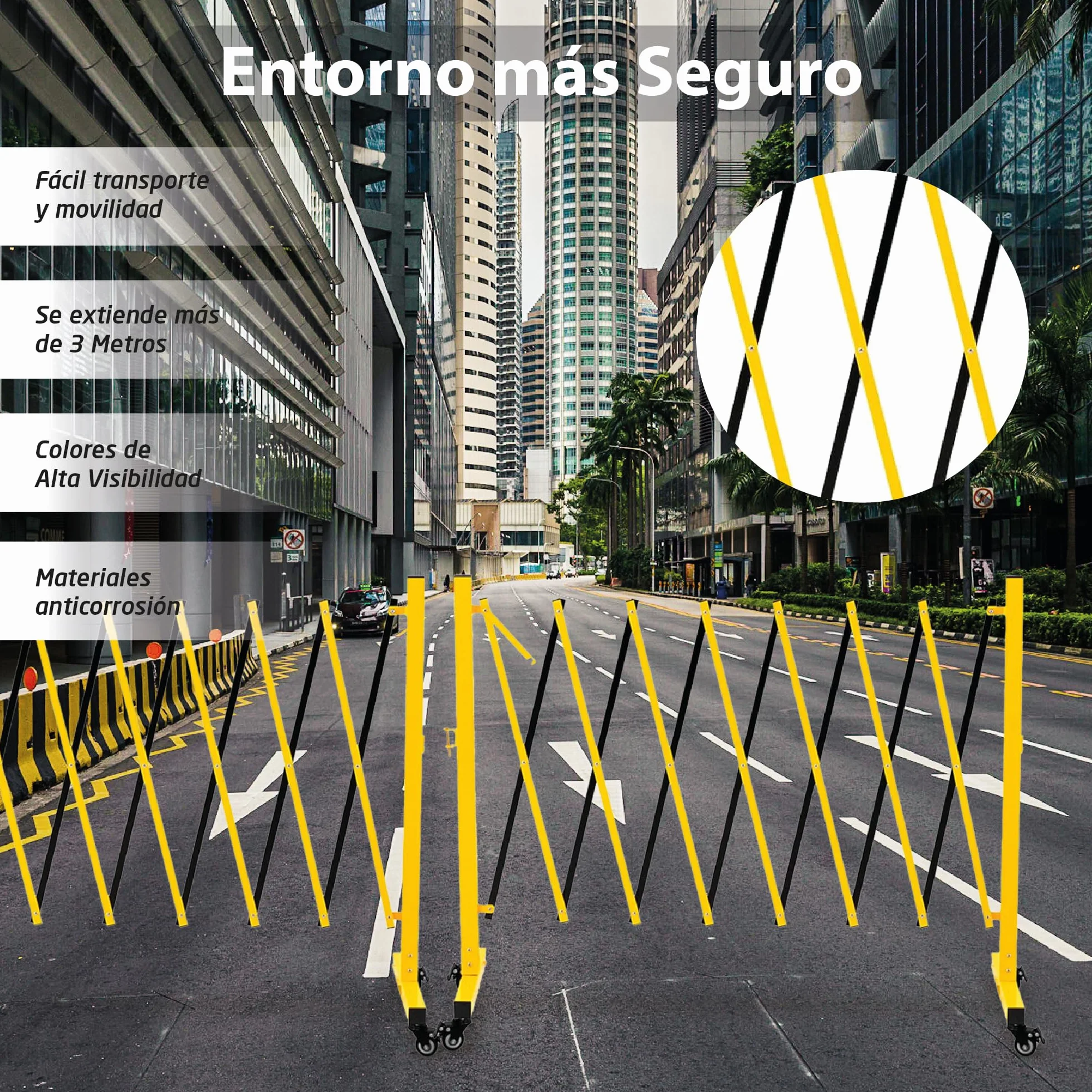 Barricada Extensible 3m con Ruedas Freno Vallas Obra Barrera Metálica Portátil Seguridad Construcción Negro/Amarillo