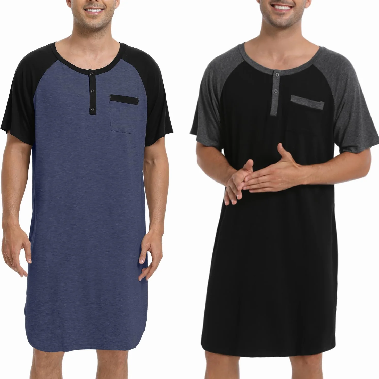 Enjoyoself Camisón Hombre Dormir Camisetas de Pijama Algodón Larga Suave Transpirable Camisa de Noche de Manga Corta Camison Hospital Ropa de Dormir para Descansar