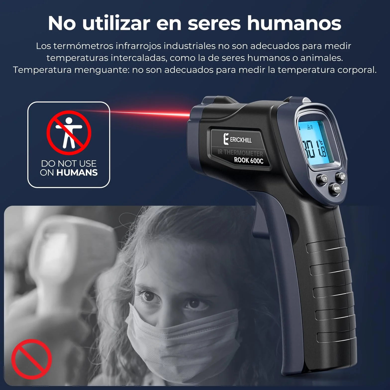 ERICKHILL Termómetro infrarrojo -50°C~600°C Pistola láser sin contacto LCD Pantalla retroiluminada Emisividad ajustable
