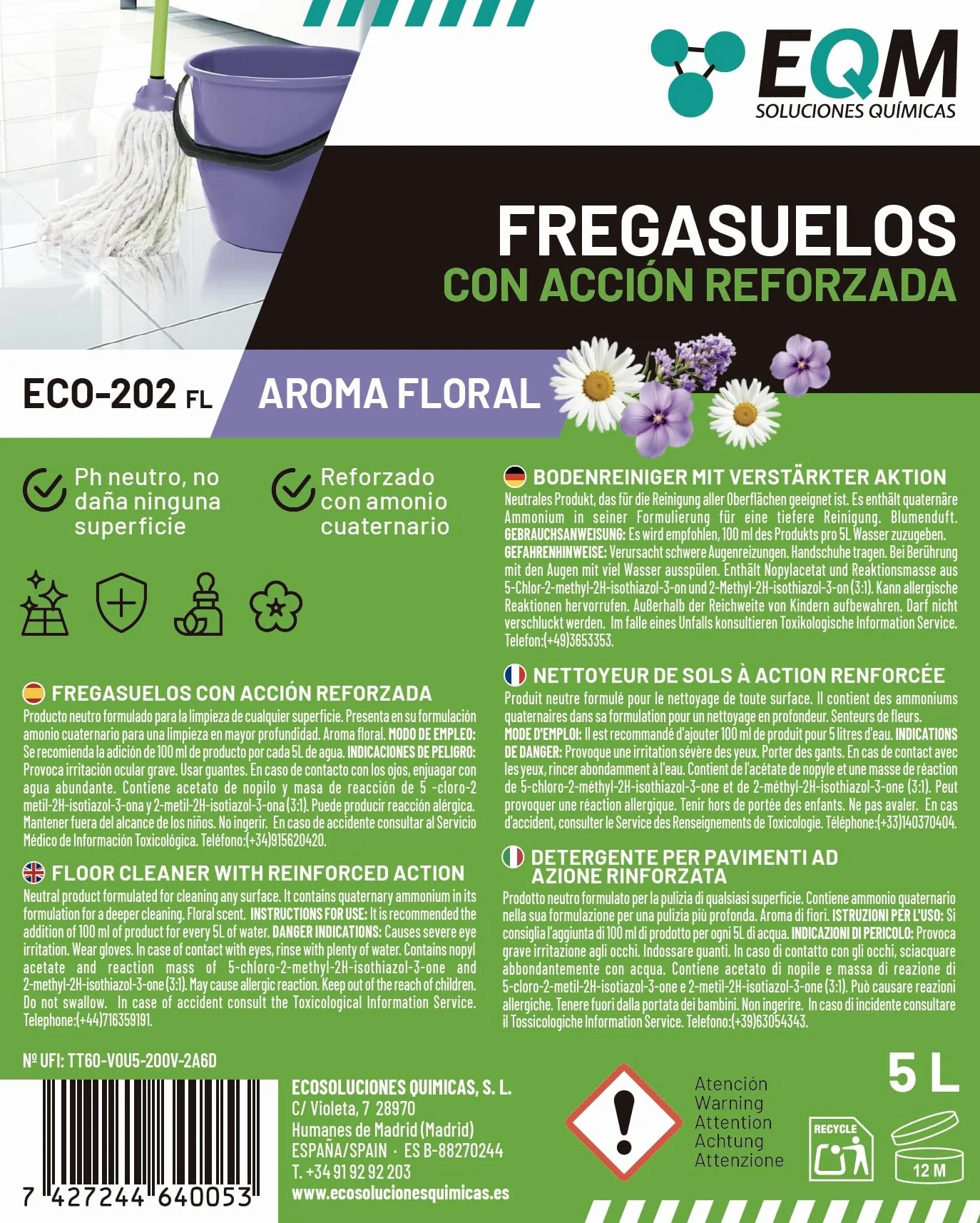 EQM ECO-202 Fregasuelos 5L Desengrasante Desodorizante