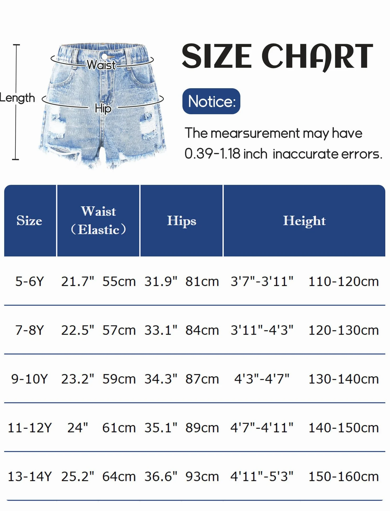 SEAUR Pantalones vaqueros rasgados para niñas, cintura alta, pantalones cortos 1/2 elásticos, informales, de verano, para niños de 5 a 14 años