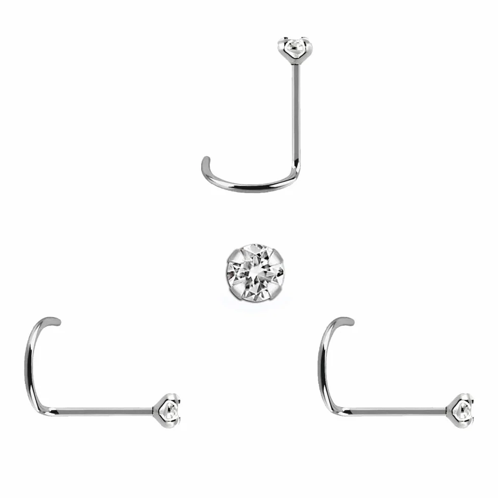 3 Pendientes Nariz de plata de ley con piedra muy pequeña de 1mm, zirconia cubica con brillo impresionante y palo curvado, grosor 0,6mm, largo 6,5mm, medida estandar.