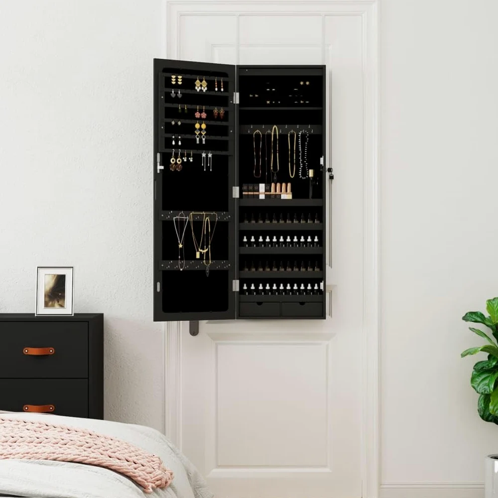 Artículos para el hogar, armario de joyería con espejo con luces LED, montado en la pared, negro, muebles de traje