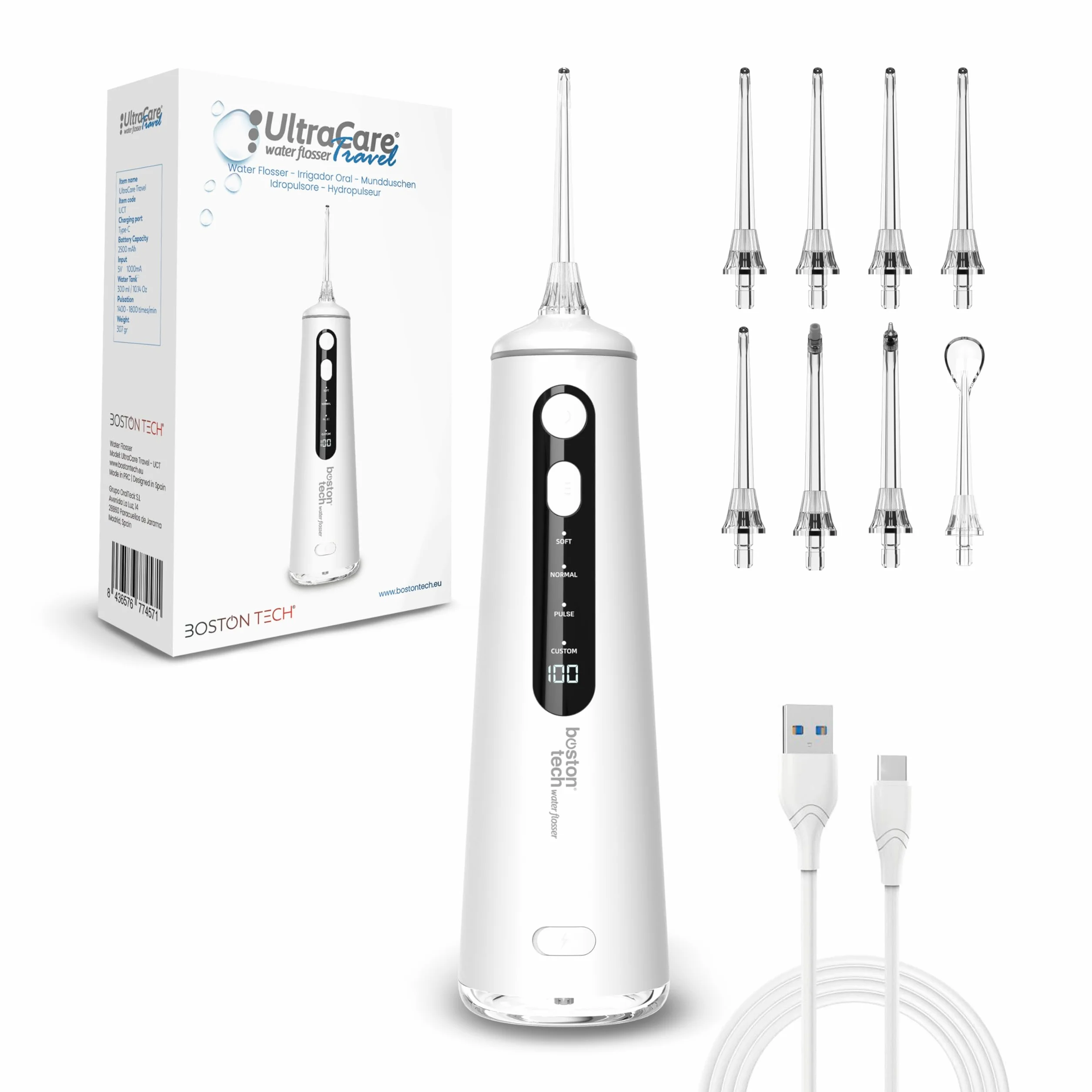 Aquapik Ultracare Travel Irrigador Bucal Portatil Inalámbrico 8 Boquillas 4 Modos IPX8 Impermeable 300ML USB-C Recargable