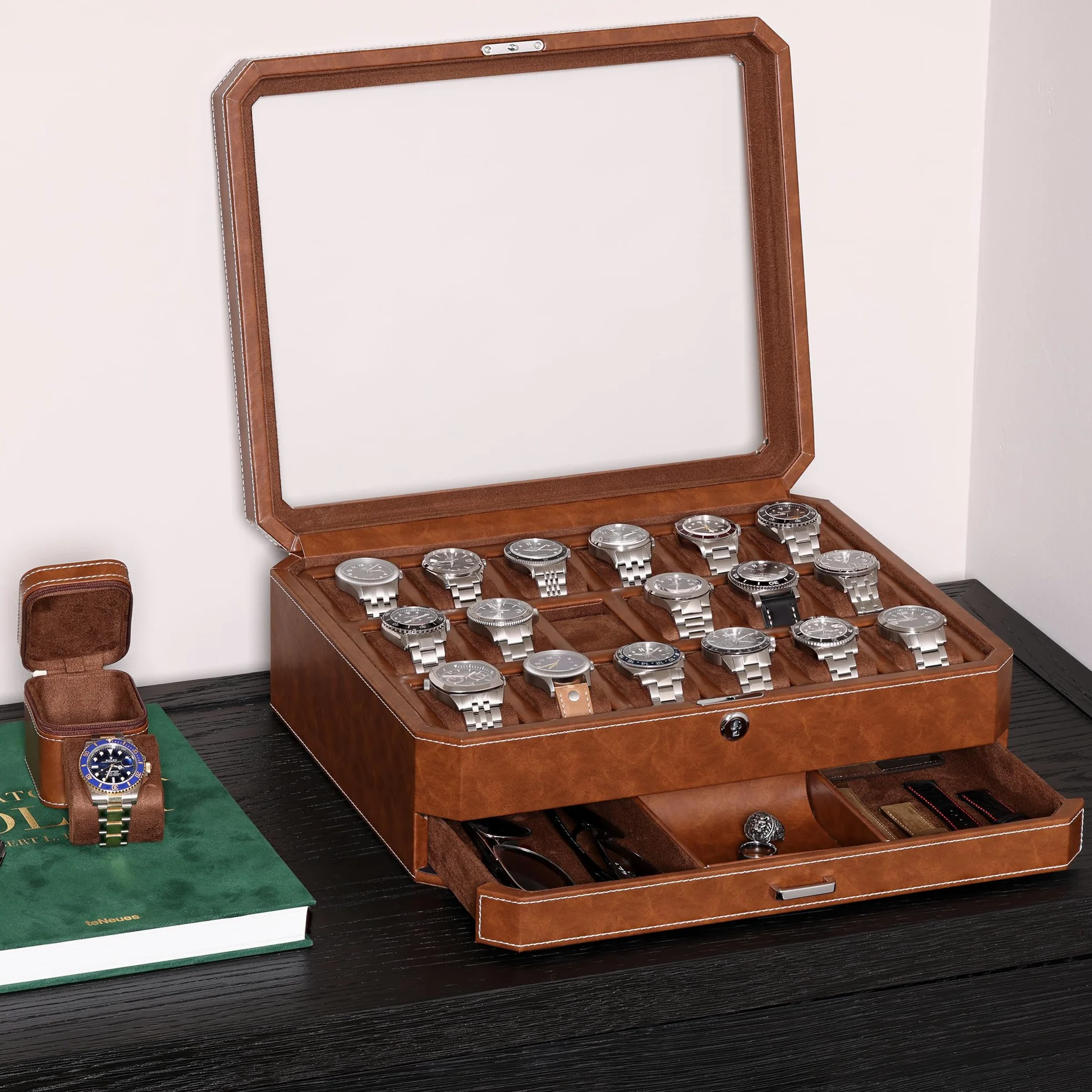 ROTHWELL Caja para 18 relojes con cajón para accesorios (marrón claro/marrón)