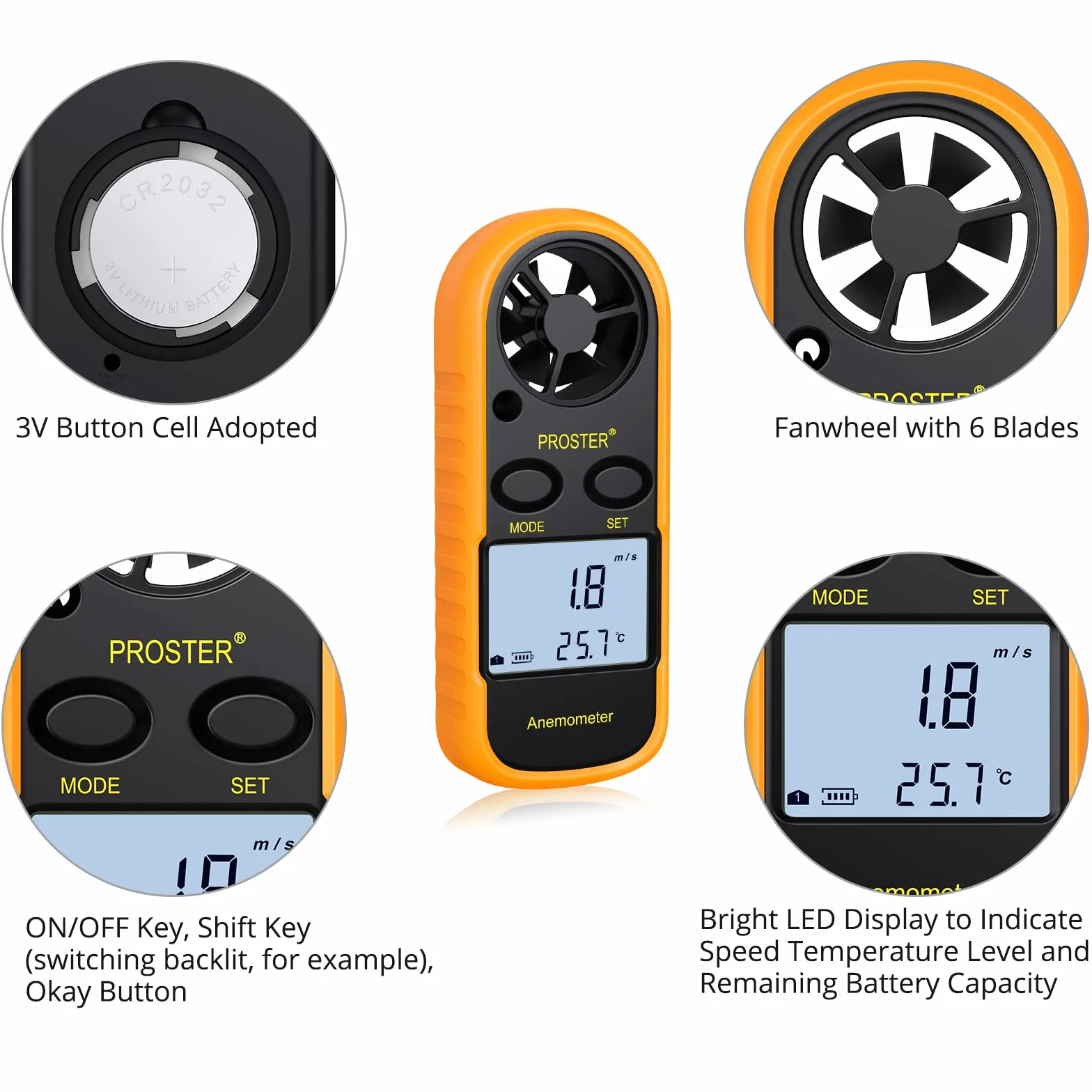 Proster Anemómetro Termómetro Digital de Pantalla LCD Medidor de Velocidad Viento Aire con Luz de Fondo