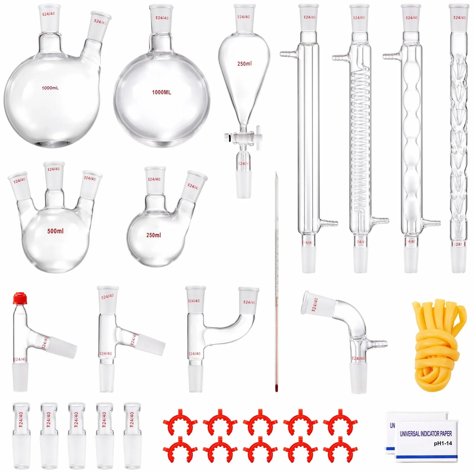 VEVOR Kit de destilación de vidrio de laboratorio 3.3 Boro 1000 ml 32 piezas con compuestos 24/40