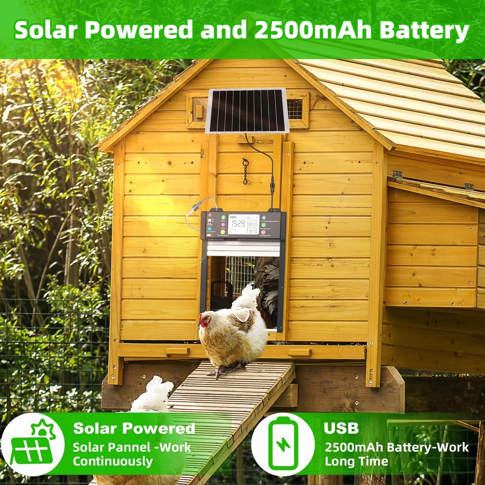 Shinmax Inteligente Puerta Automática Solar para Gallinero con App WiFi 2,4 GHz Sensor Luz Temporizador Antipinzamiento Pantalla LCD Batería 4000mAh