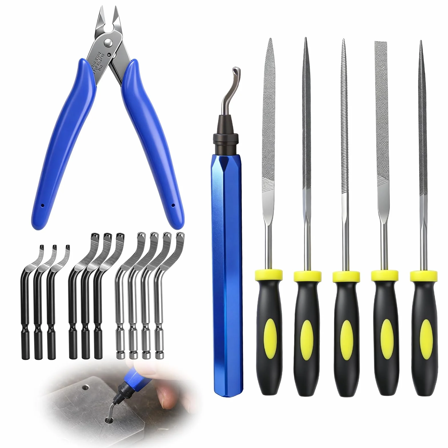 Kit de Desbarbado Manual con 10 Cuchillas, 5 Limas y Alicate de Corte para Metal, Plástico, Resina