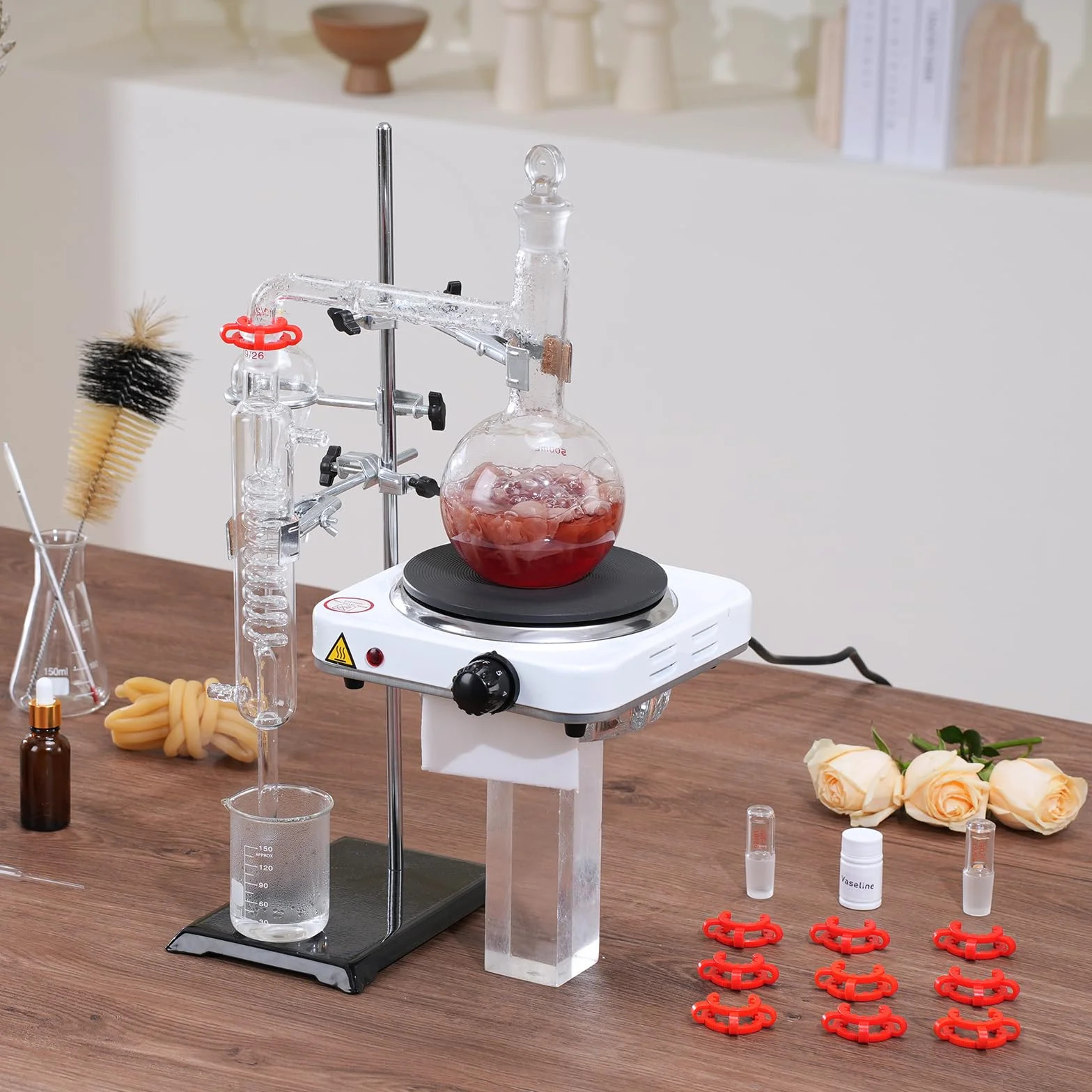VEVOR Kit de destilación de aceite esencial de 33 piezas, 500 ml, Boro 3.3, placa calefactora 1000 W, junta 24/40