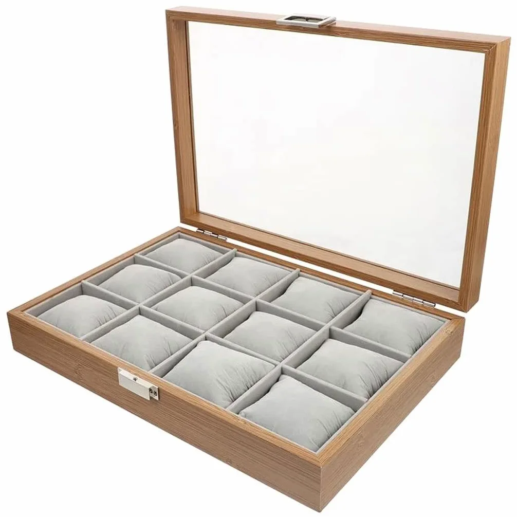 XBTGS Caja de almacenamiento de joyas con 12 ranuras, caja de madera, bandeja de exhibición con almohada,