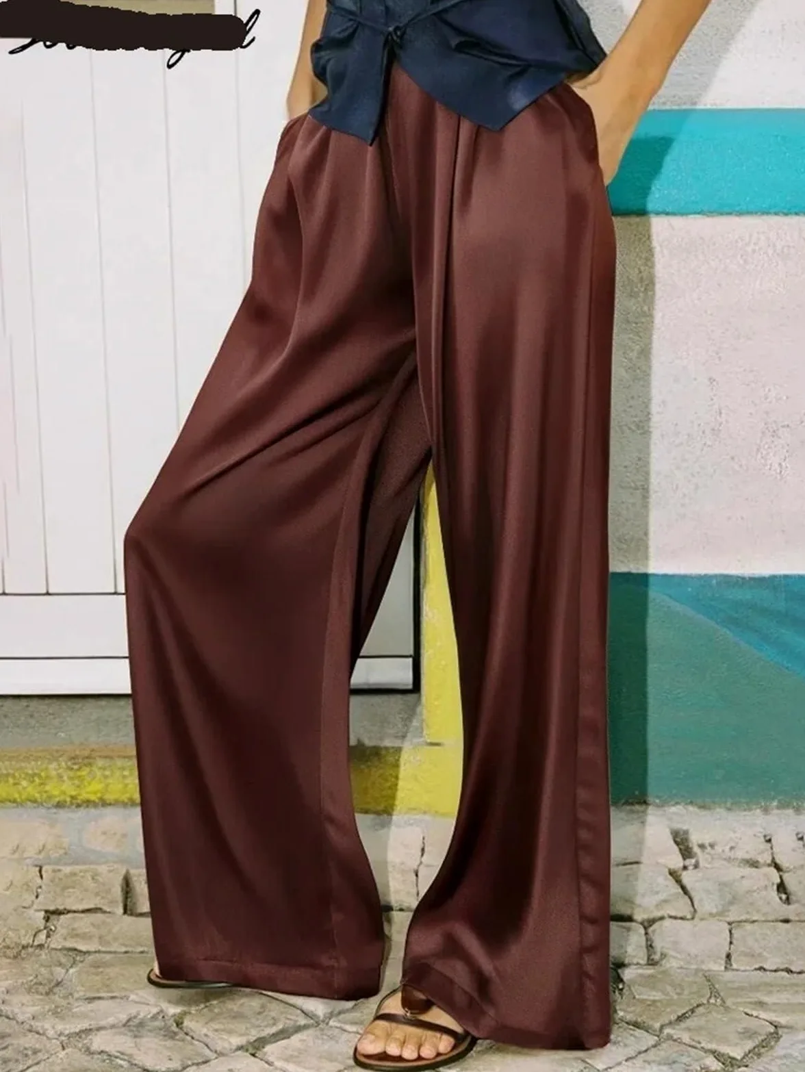 Pantalones Anchos de satén for Mujer, Pantalones con Bolsillos, Holgados Cintura Alta Negros y Marrones for