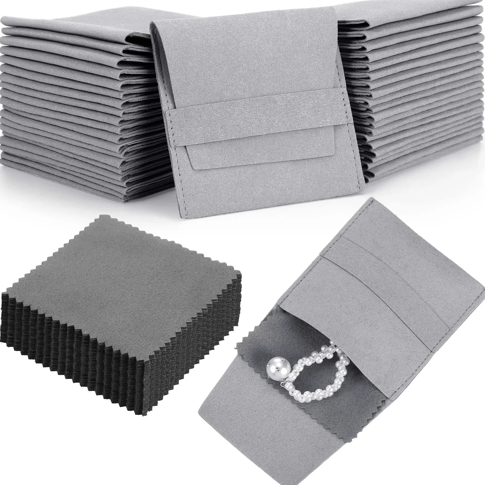 120 bolsas de microfibra para joyas, 8 x 8 cm, bolsa de embalaje de lujo, correa fija, estilo sobre, embalaje con paño de limpieza (gris)