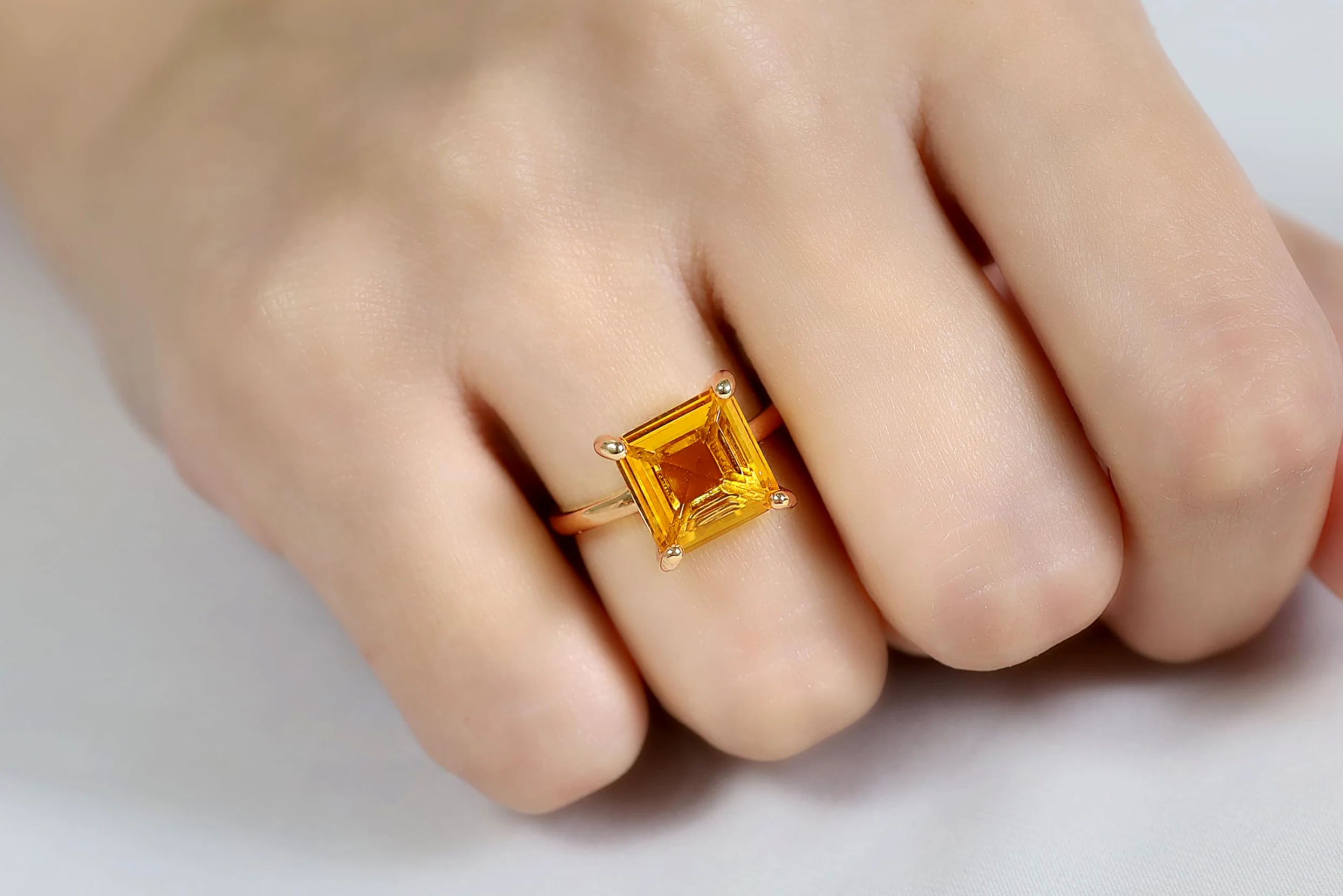 Anillo Citrino Amarillo - Anillos Solitarios Brillantes para Mujer - Anillo Cuadrado Hecho a Mano, Anillo de Compromiso Único - Joyería Personalizada con Caja