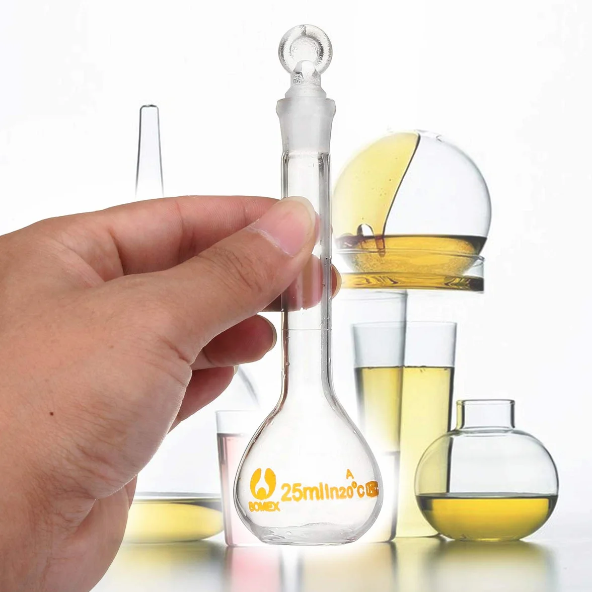 Frasco volumétrico de vidrio 25ml con tapón de cristal química redondo