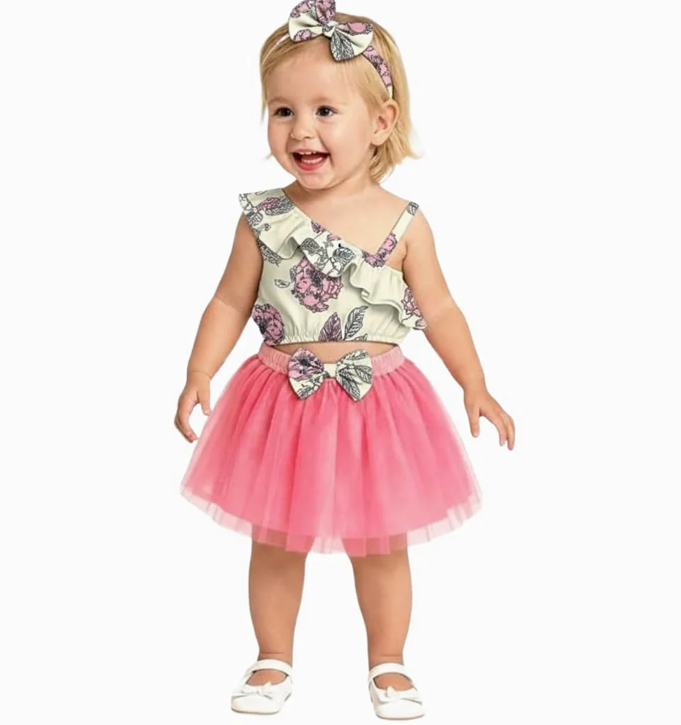 A.T.U.N. (ALL THINGS UBER NICE) Top corto con estampado asimétrico para bebé niña con falda de tutú acampanada y diadema a juego | Elegante conjunto de 3 piezas para niños