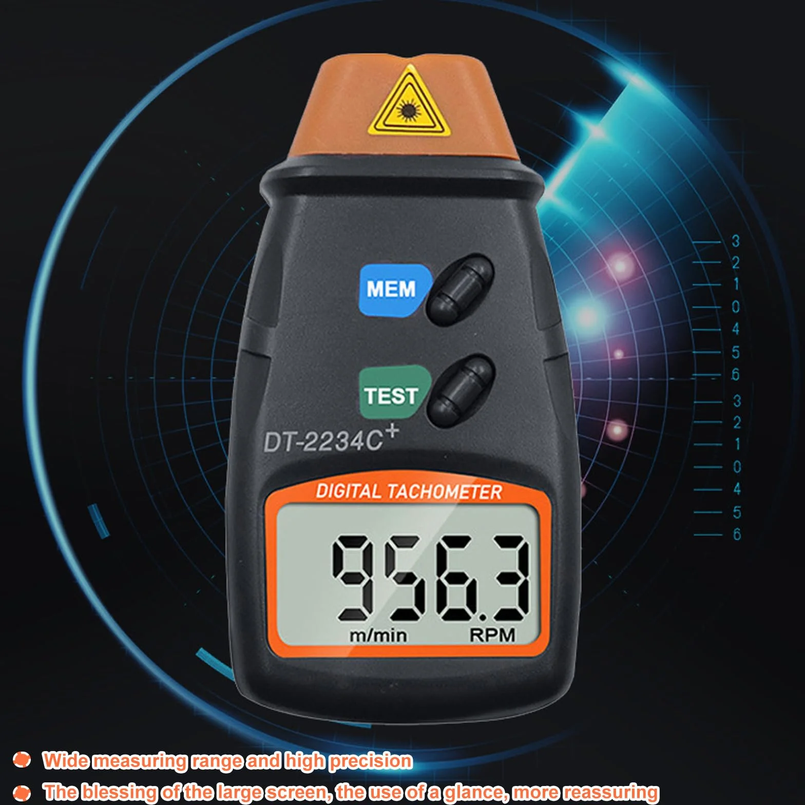 Tacómetro Digital Láser Sin Contacto, Medición 2.5-99.999RPM, Pantalla LCD