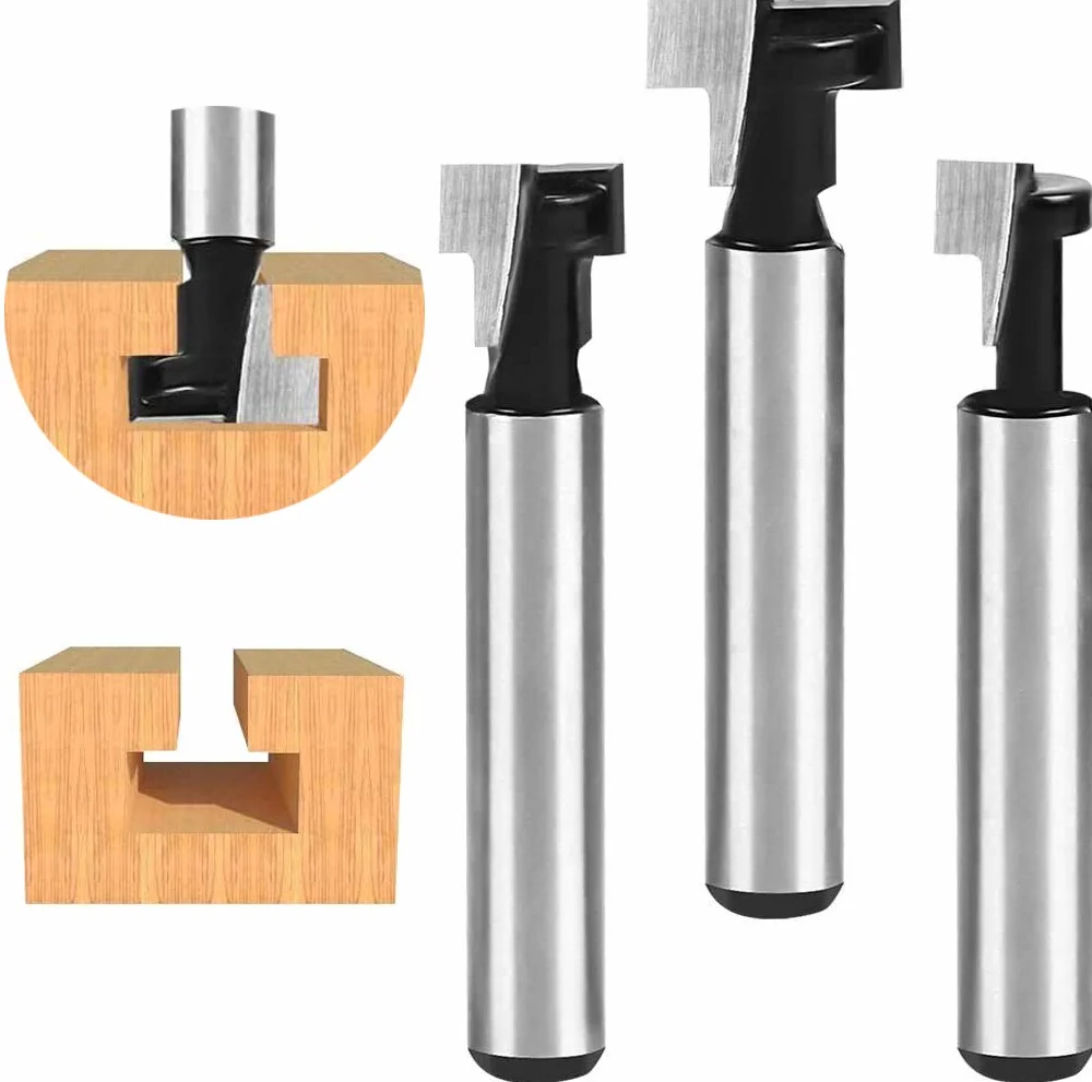 Flintronic 3 PCS Fresa Madera Broca Fresadora Ranura en T 8mm 3/8" 1/2" 5/16" Bit Carpintería Router Conjunto de fresado para Esquinas y Ranuras