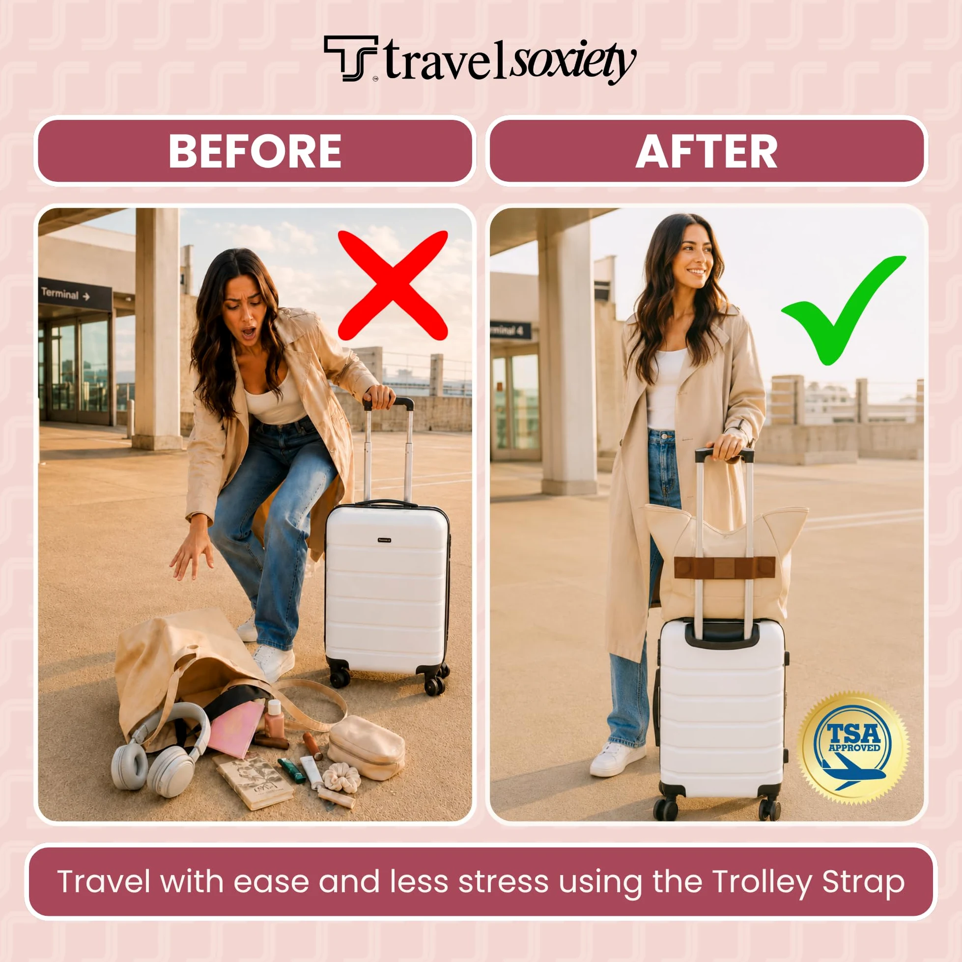 Correa de Trolley Correa de Equipaje de Mano Correa sobre el Asa de la Maleta para Sujetar Bolsa de Mano Accesorios de Viaje Aprobado por TSA Carry-On Funda de Cinturón Añadir una Bolsa para Mochila