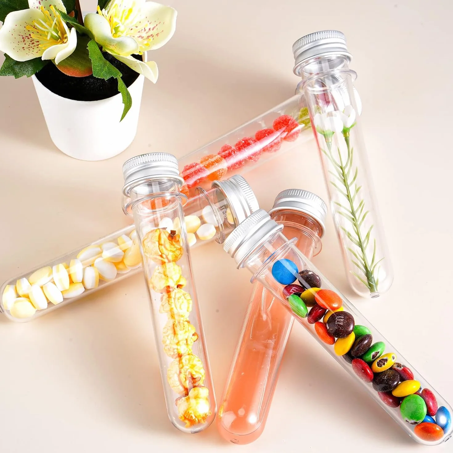 KAHEIGN 60 Piezas Tubos de Ensayo de Plástico 45ml con Gorras Transparentes para Especias Dulces