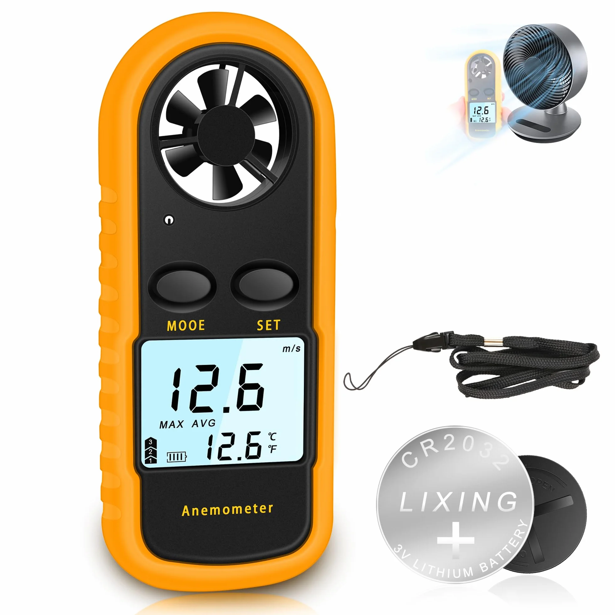 Anemómetro Portátil Digital, Medidor de Velocidad del Viento con Retroiluminación LCD, Modo MAX/Promedio/Actual