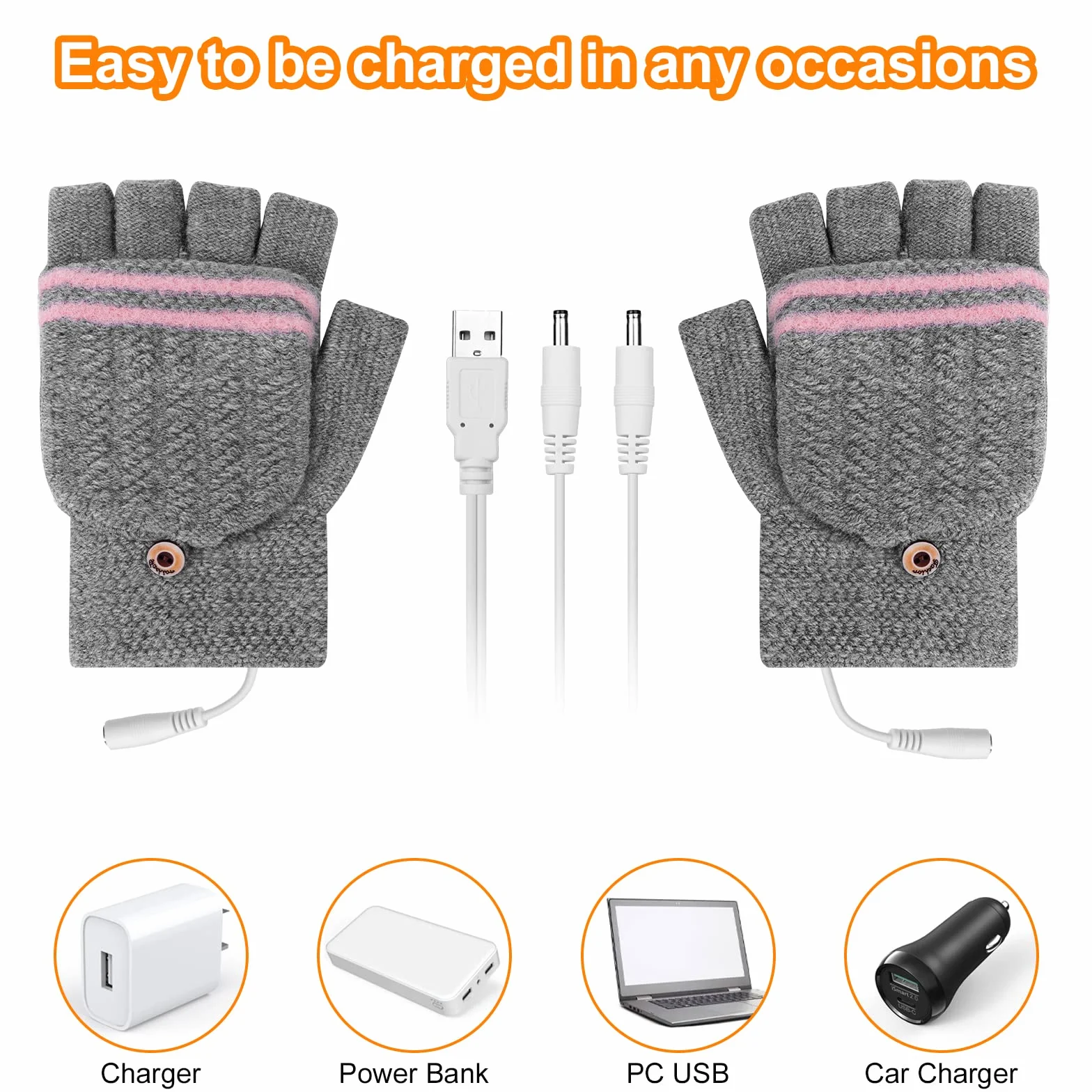 Flintronic Guantes Calefactables USB, Guantes Térmicos USB Unisex de Invierno, Guantes de Medio Dedo con Cubierta para el Dedo, Guantes de Tejer Lavables para Ciclismo/Esquí/Portátiles/Oficina-Rosa