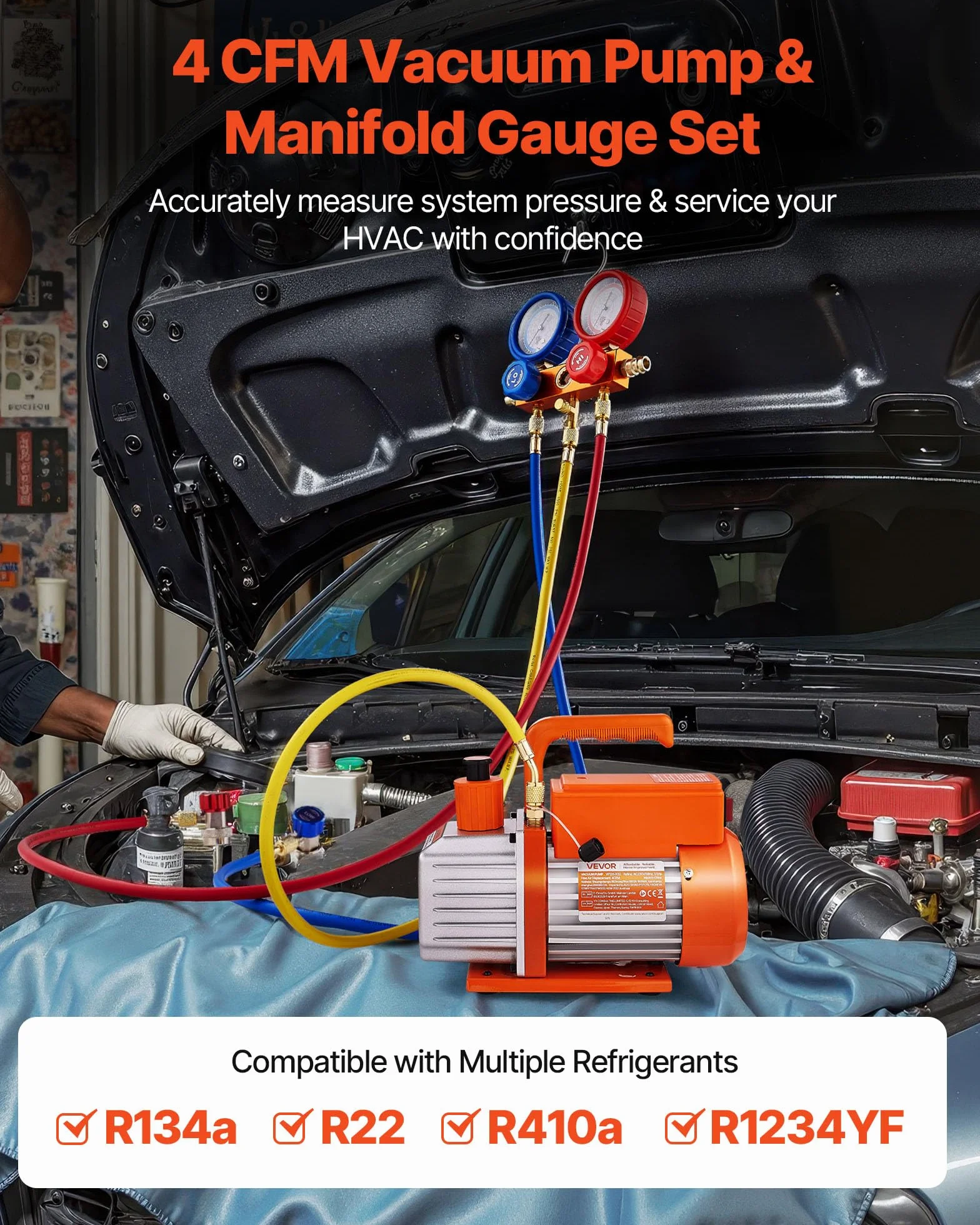 VEVOR Bomba de Vacío 115 L/min Manómetro Aire Acondicionado Una Sola Etapa Paletas Rotativas Detector Fugas Bolsa Transporte Refrigerantes R134a R22 R410a R1234YF