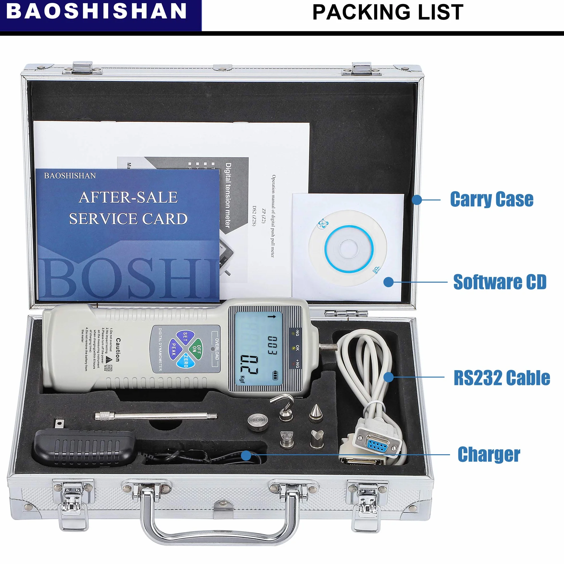 BAOSHISHAN Medidor de Fuerza Digital Dinamómetro Electrónico 500N USB