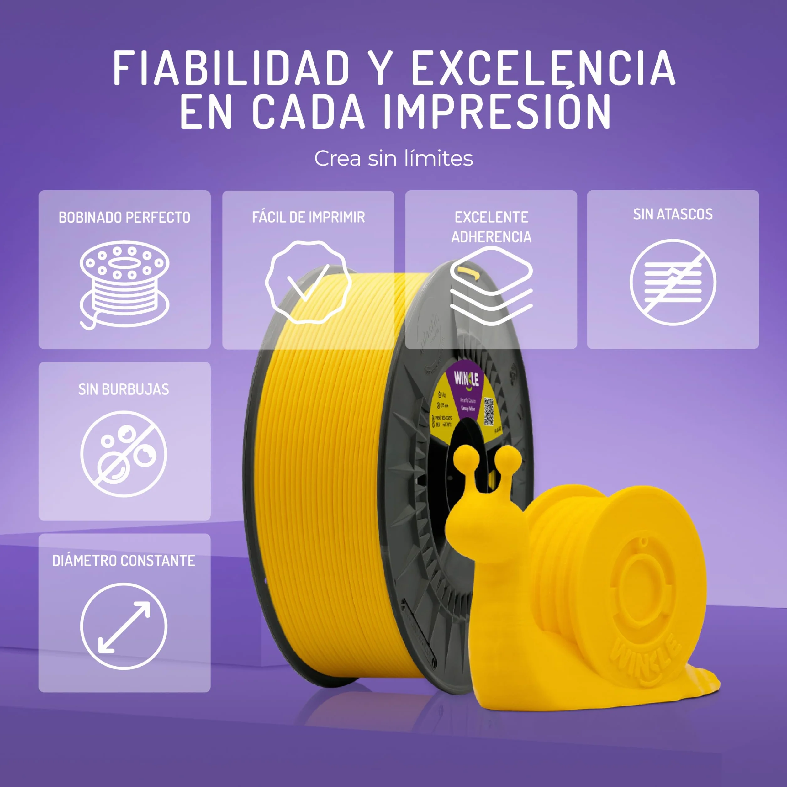 WINKLE Filamento PLA HD Amarillo Canario 1,75mm 300g Bobina Compatible Impresoras 3D