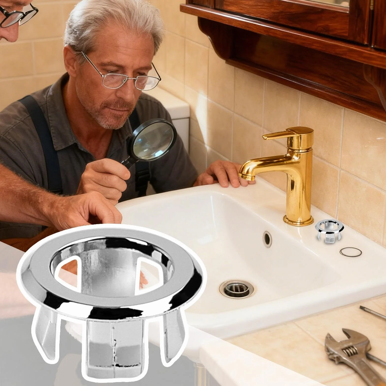 Sink Overflow Ring Round Basin Trim Drain Cap Cover Double Layer Kitchen Bathtub