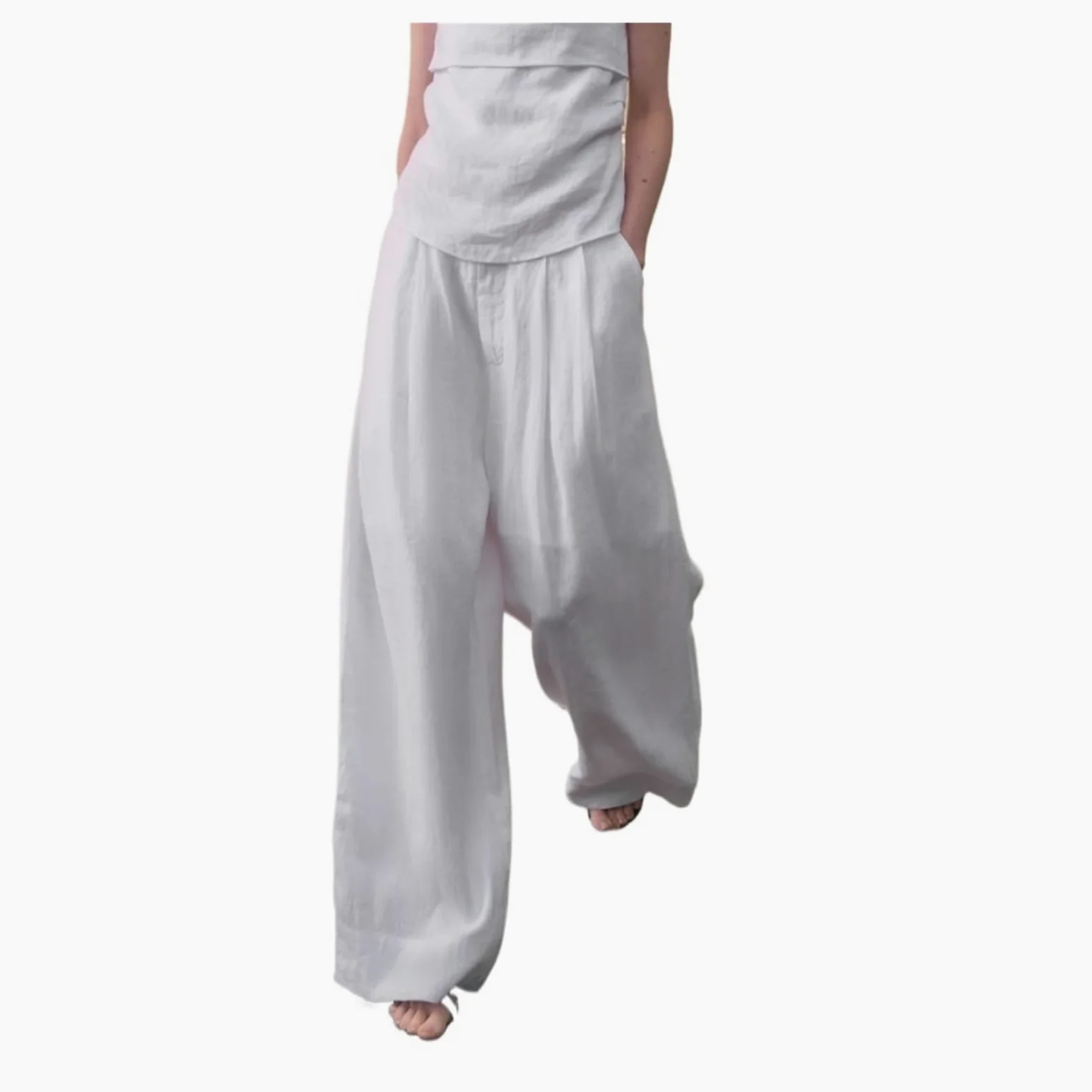 Pantalones Anchos de Lino Informales Sencillos for Mujer, Pantalones Verano Color Liso, Sueltos y Rectos, Ropa for
