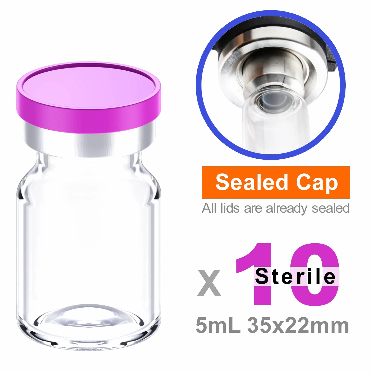 Viales estériles vacíos 5 ml con puerto de inyección autorreparable, tapa de plástico de aluminio, 10 unidades