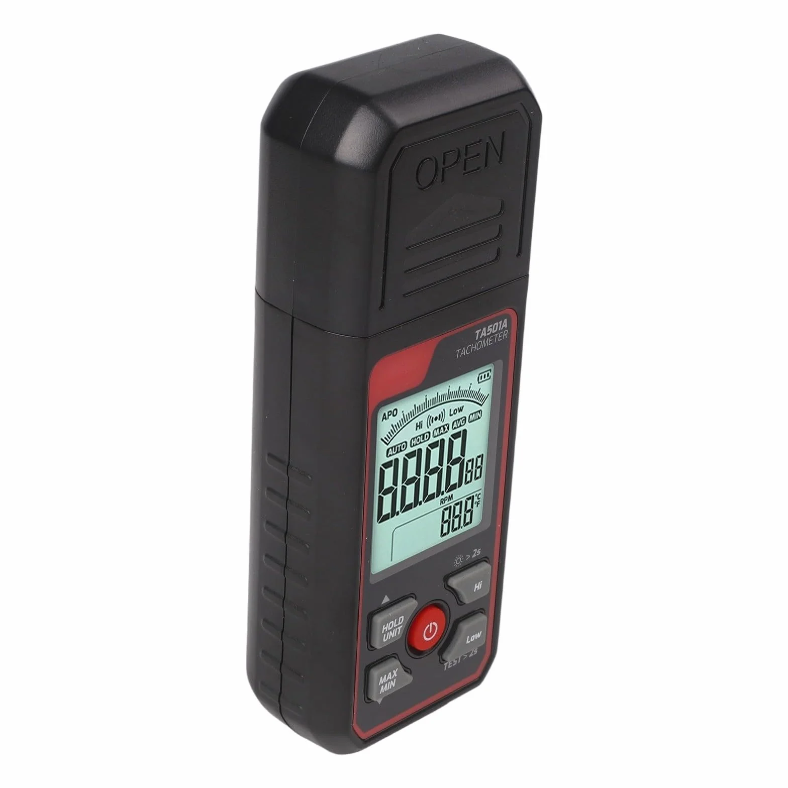 Tacómetro digital TA501A medidor de RPM fotoeléctrico sin contacto 25-99999RPM retroiluminación LCD bloqueo de datos máx/mín/prom alarma motor ventilador prueba
