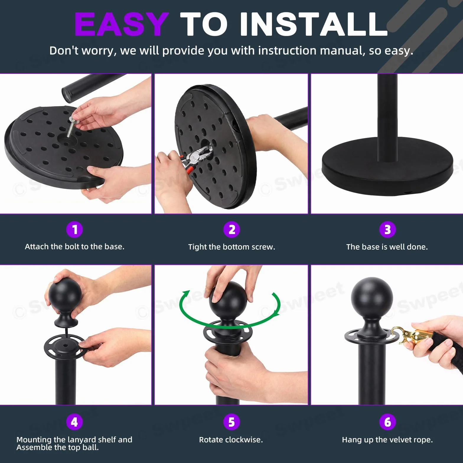 Swpeet 34Pcs Black Stanchion Post Queue Kit con Cuerda de Terciopelo Negro 5 Pies, Postes 38 Pulgadas, Base Metálica