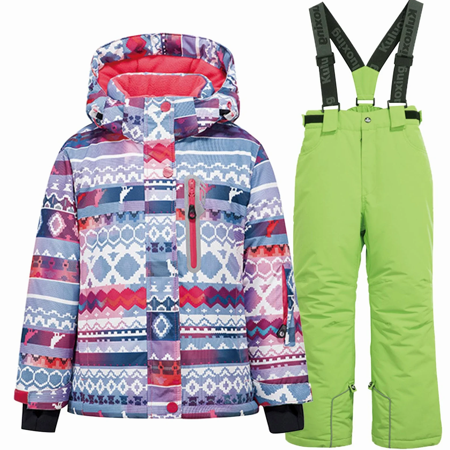 Conjunto de traje de esquí infantil de 2 piezas con capucha, traje de nieve impermeable a prueba de viento para niños y niñas, chaqueta de esquí cálida y pantalones de esquí, pixeles +